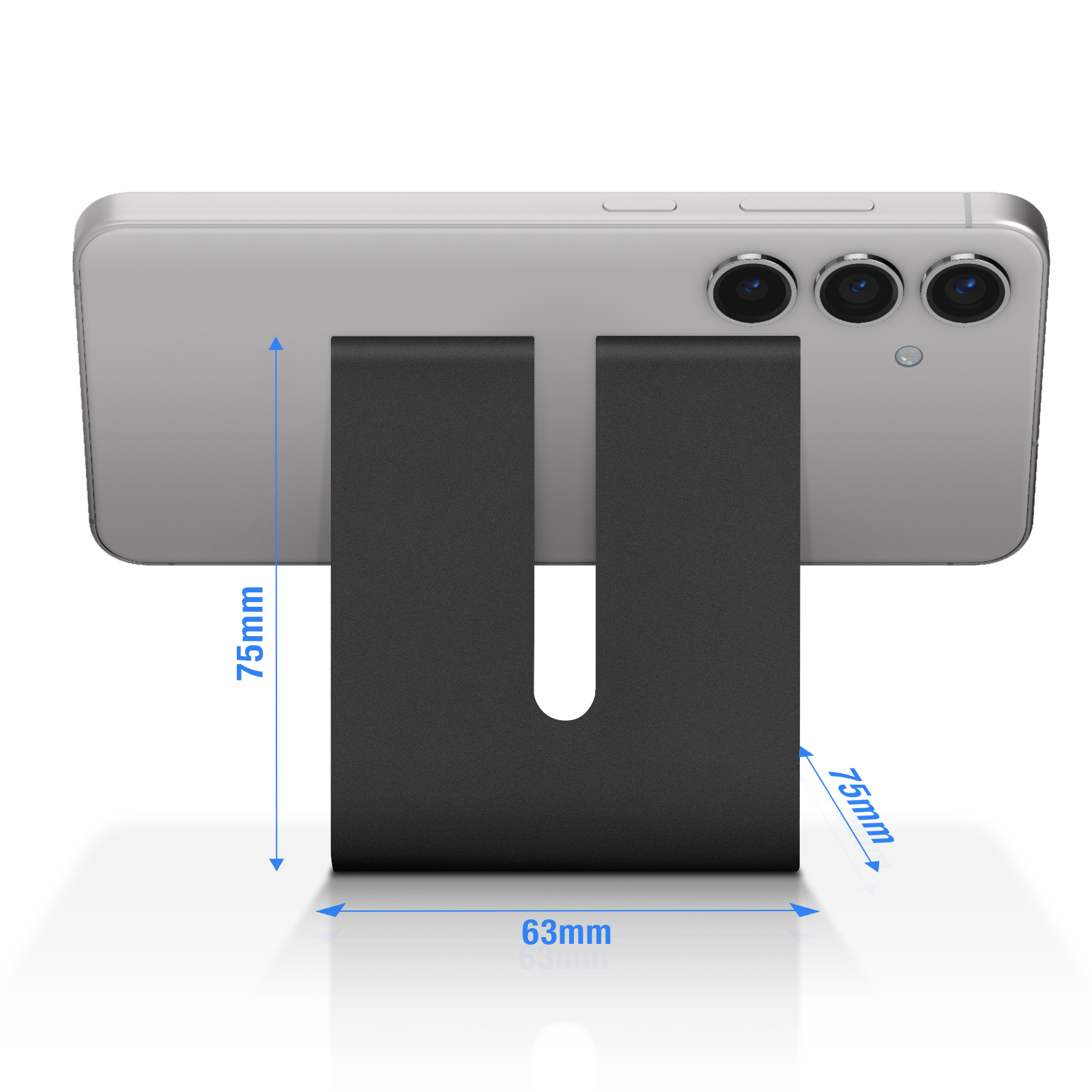 Support de téléphone noir tenant un smartphone argenté, dimensions de 75 mm et 63 mm.