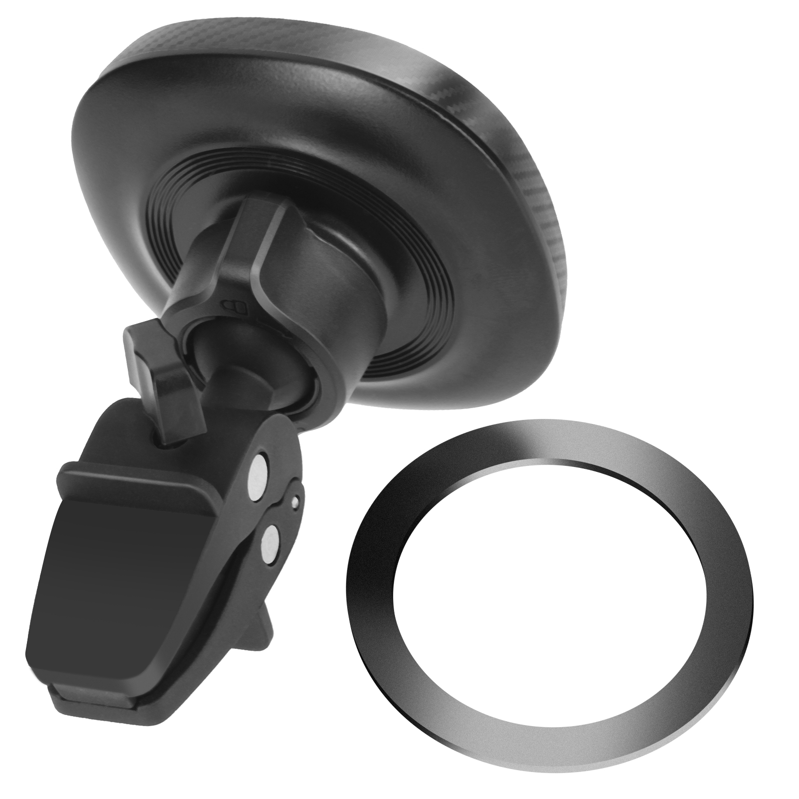 Supporto per telefono da auto nero con un anello metallico circolare. Supporto e anello isolati.