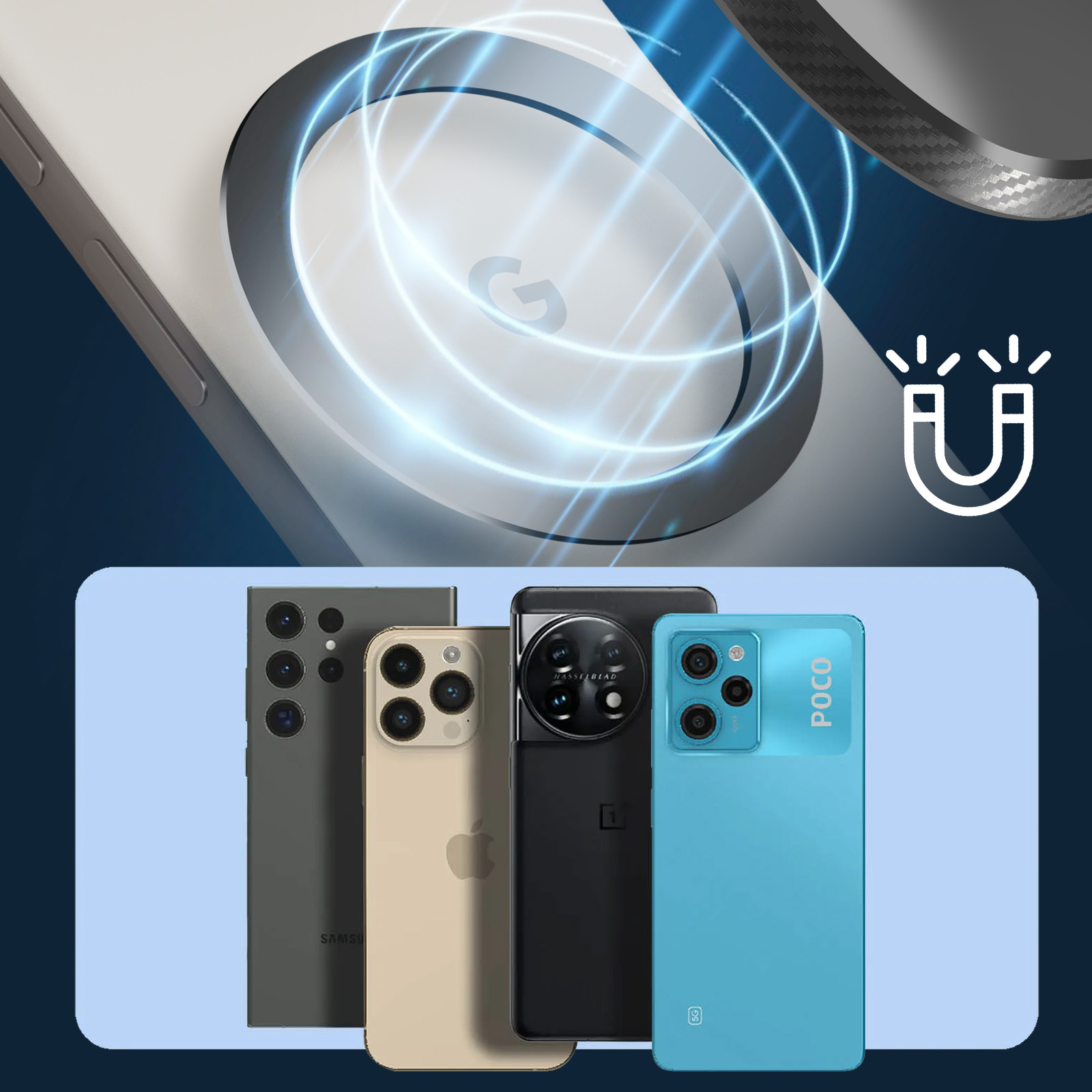 Quattro smartphone su sfondo blu. Caricatore wireless bianco sopra con un segno magnetico.