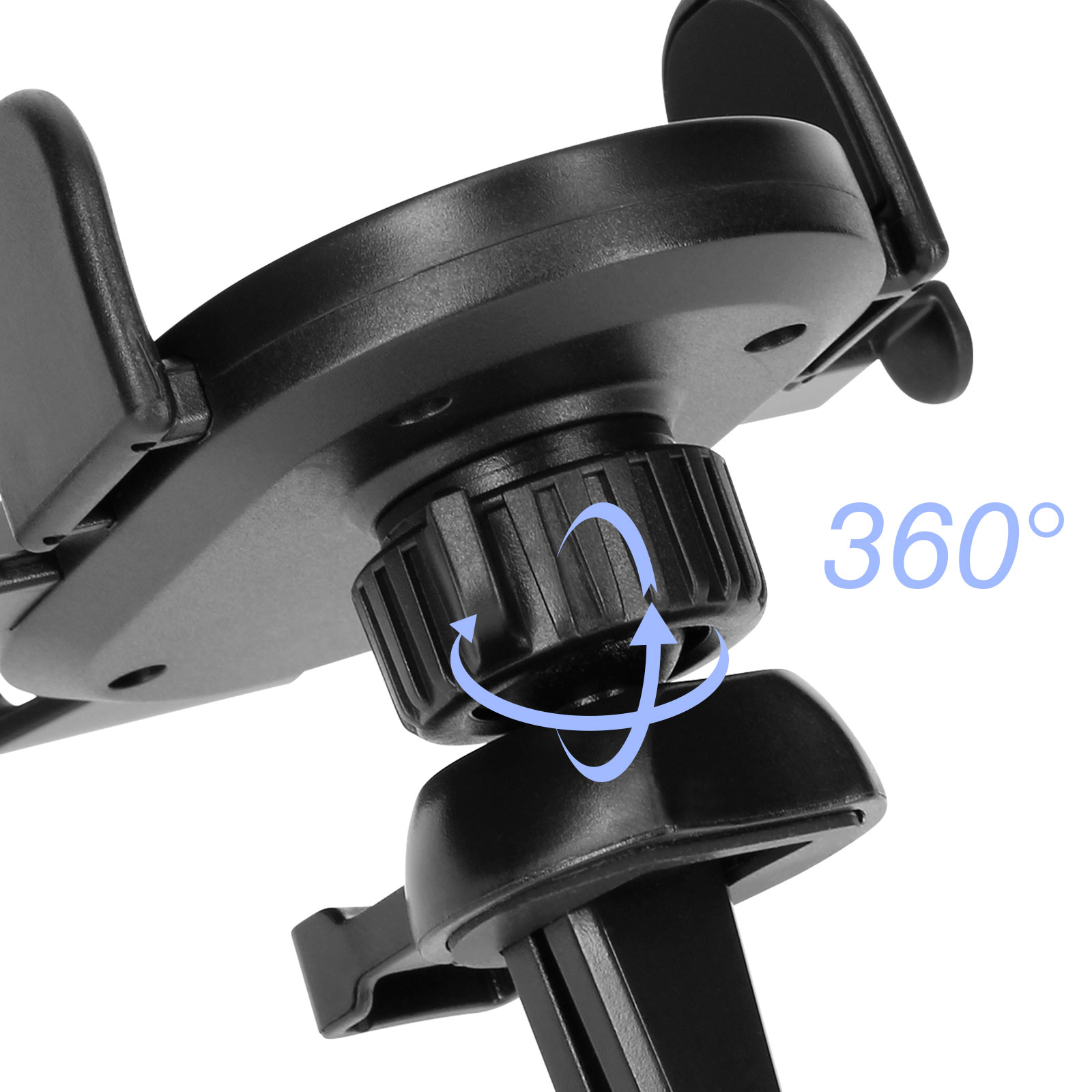 Un supporto per telefono per auto nero con un'etichetta di rotazione a 360 gradi.
