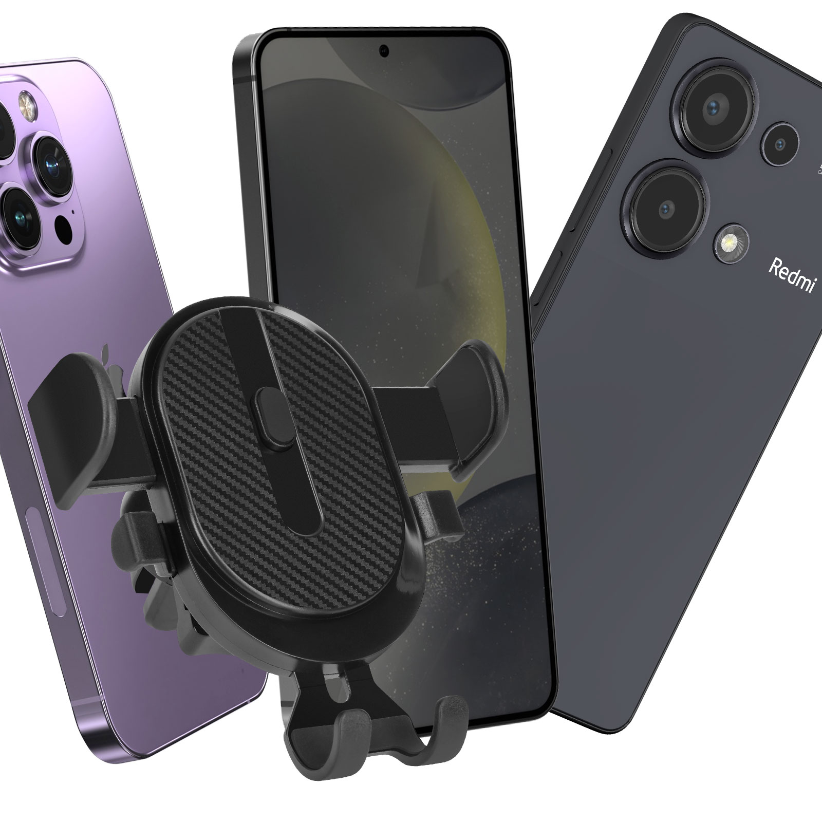 Tre smartphone e un supporto per telefono, su sfondo bianco.