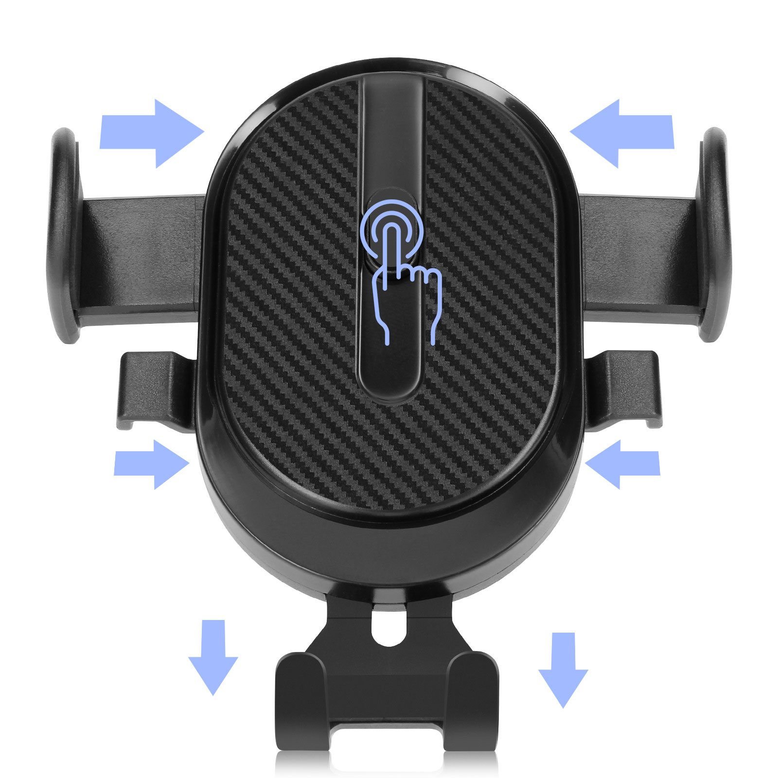 Supporto nero per telefono da auto con frecce blu. Motivo in fibra di carbonio. Frecce indicano le direzioni.