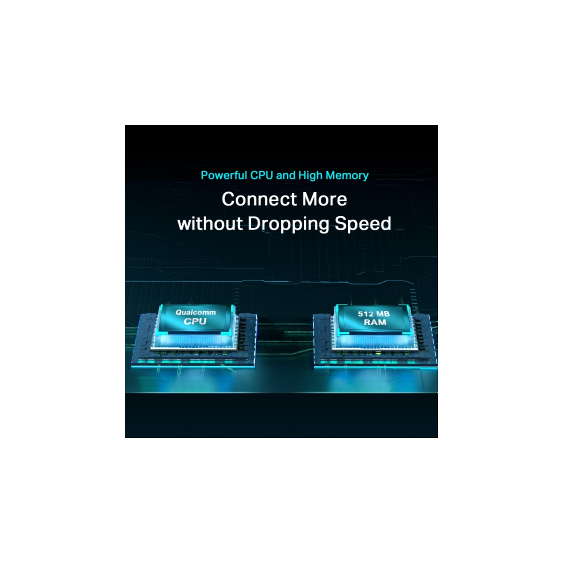 Zwei Computerchips mit Text auf schwarzem Hintergrund. Text lautet: 'Connect More without Dropping Speed.'