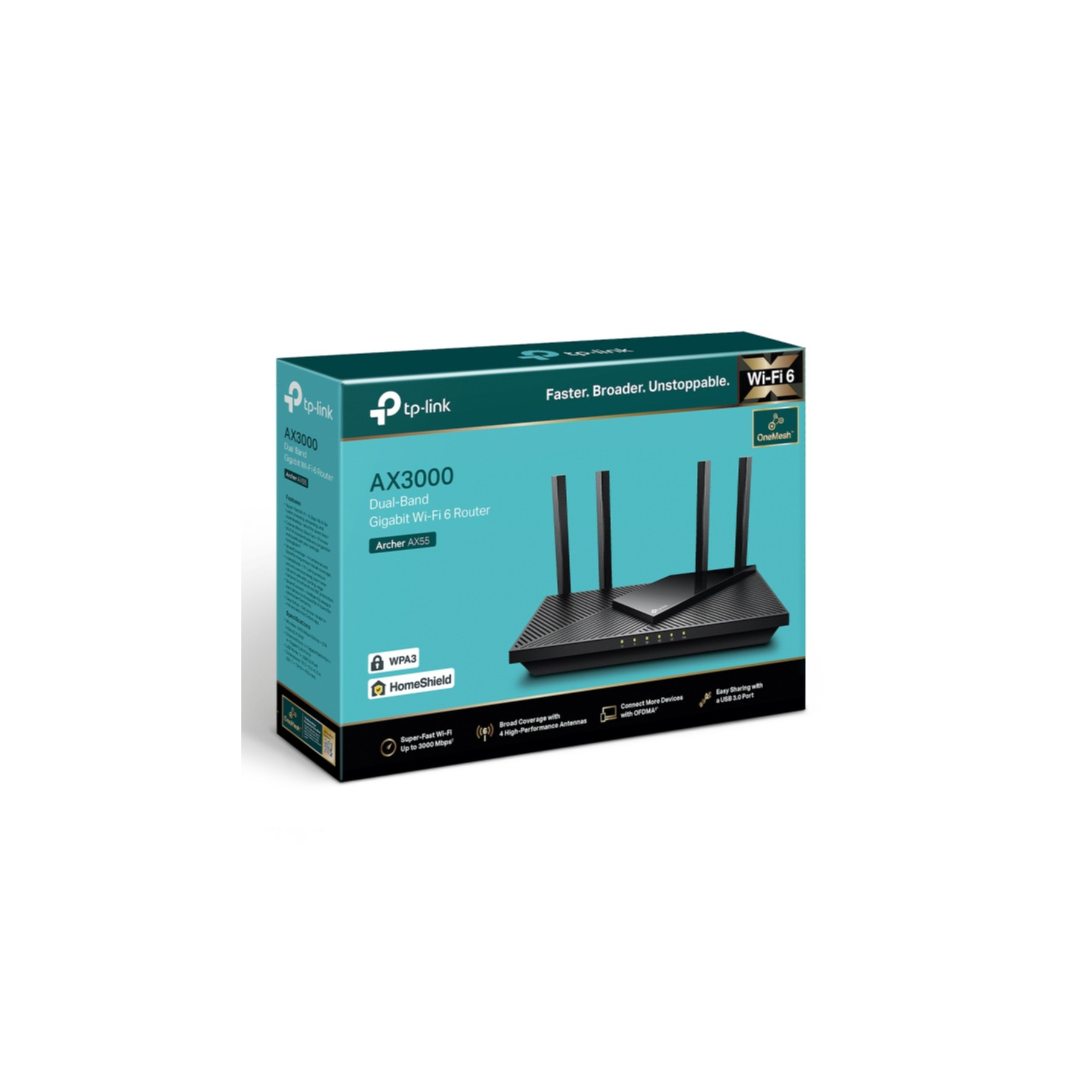 TP-Link AX3000 Wi-Fi 6 Router. Box zeigt den Router und Funktionen. Router ist schwarz mit Antennen.
