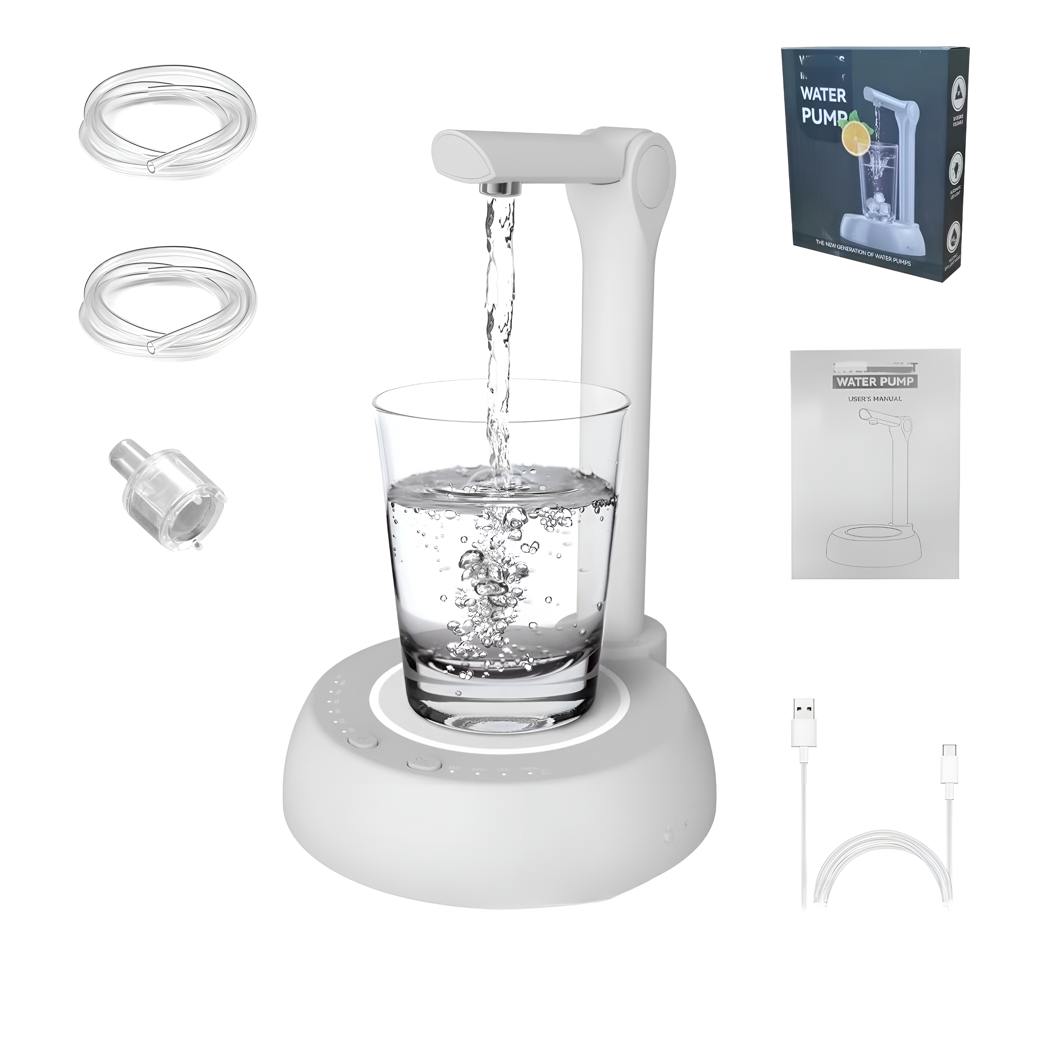 Eine weiße Wasserpumpe mit einem sich füllenden Glas und einer Box im Hintergrund.