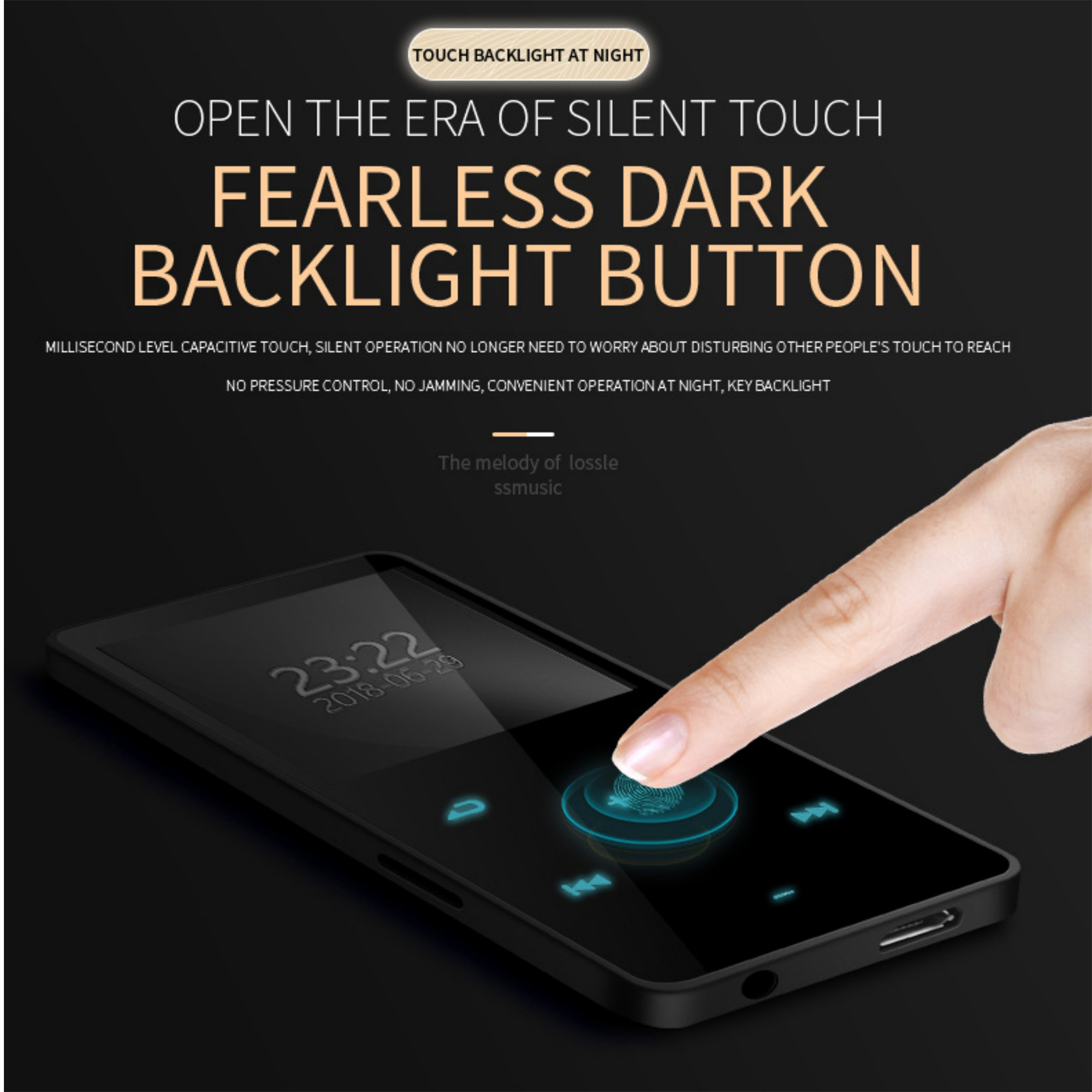 Schwarzes Gerät mit Touchscreen und Finger, der den Bildschirm berührt. Text: Furchtlose Dunkle Hintergrundbeleuchtungstaste.