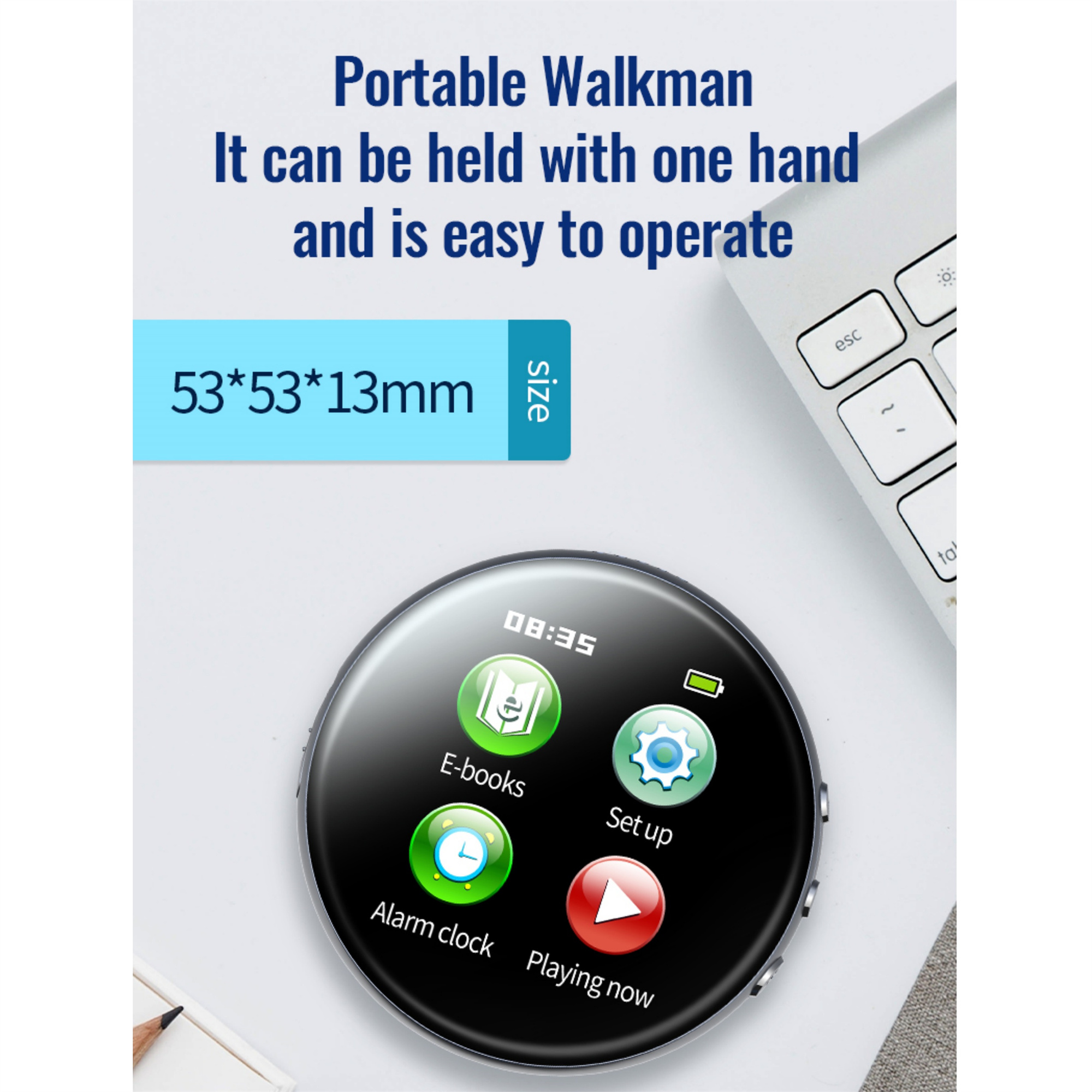 Ein tragbarer Walkman, der einen Bildschirm mit E-Books, Wecker und anderen Symbolen zeigt.