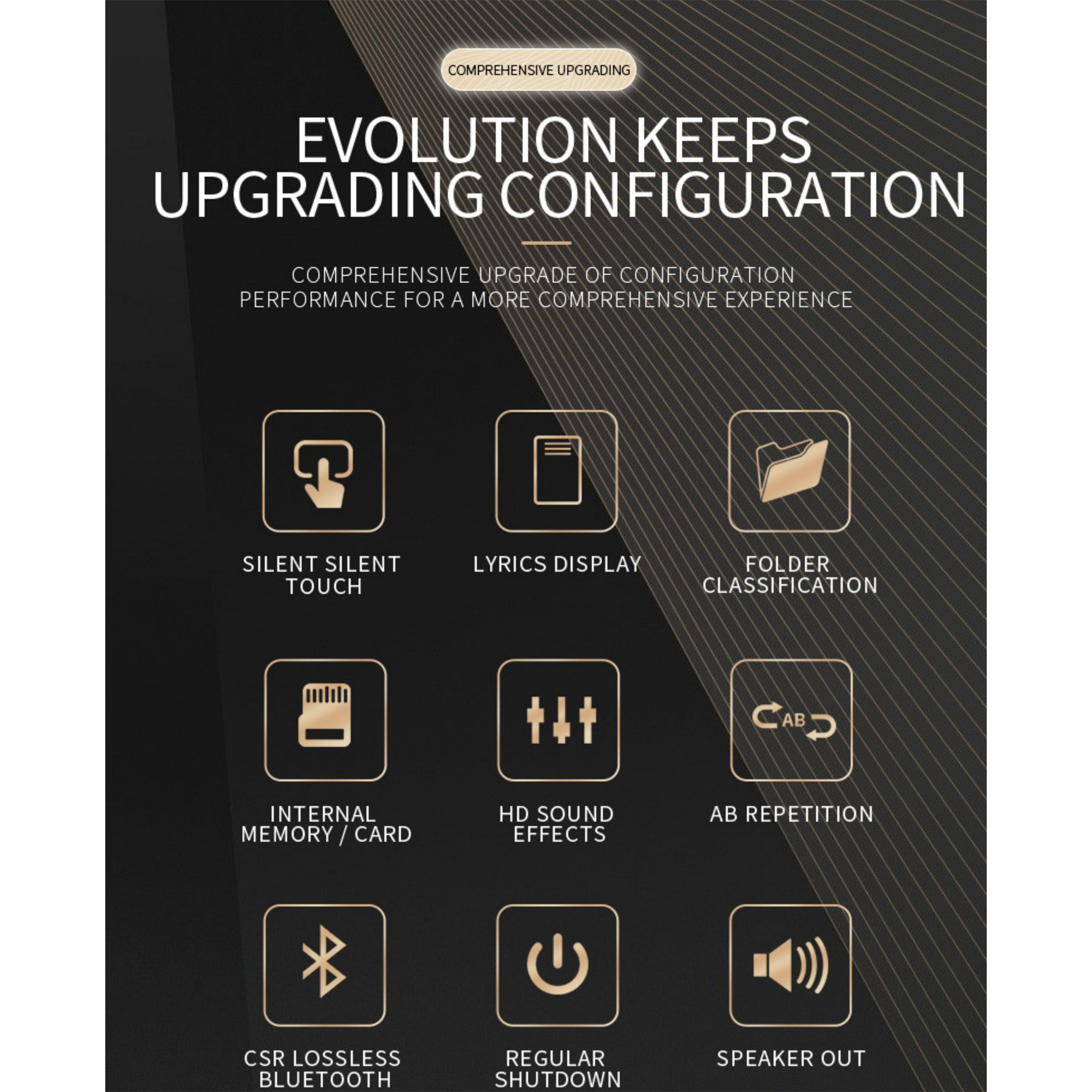 Infografik mit Symbolen und Text. Es hat Symbole für Funktionen wie Silent Touch, Lyrics Display und HD Sound.