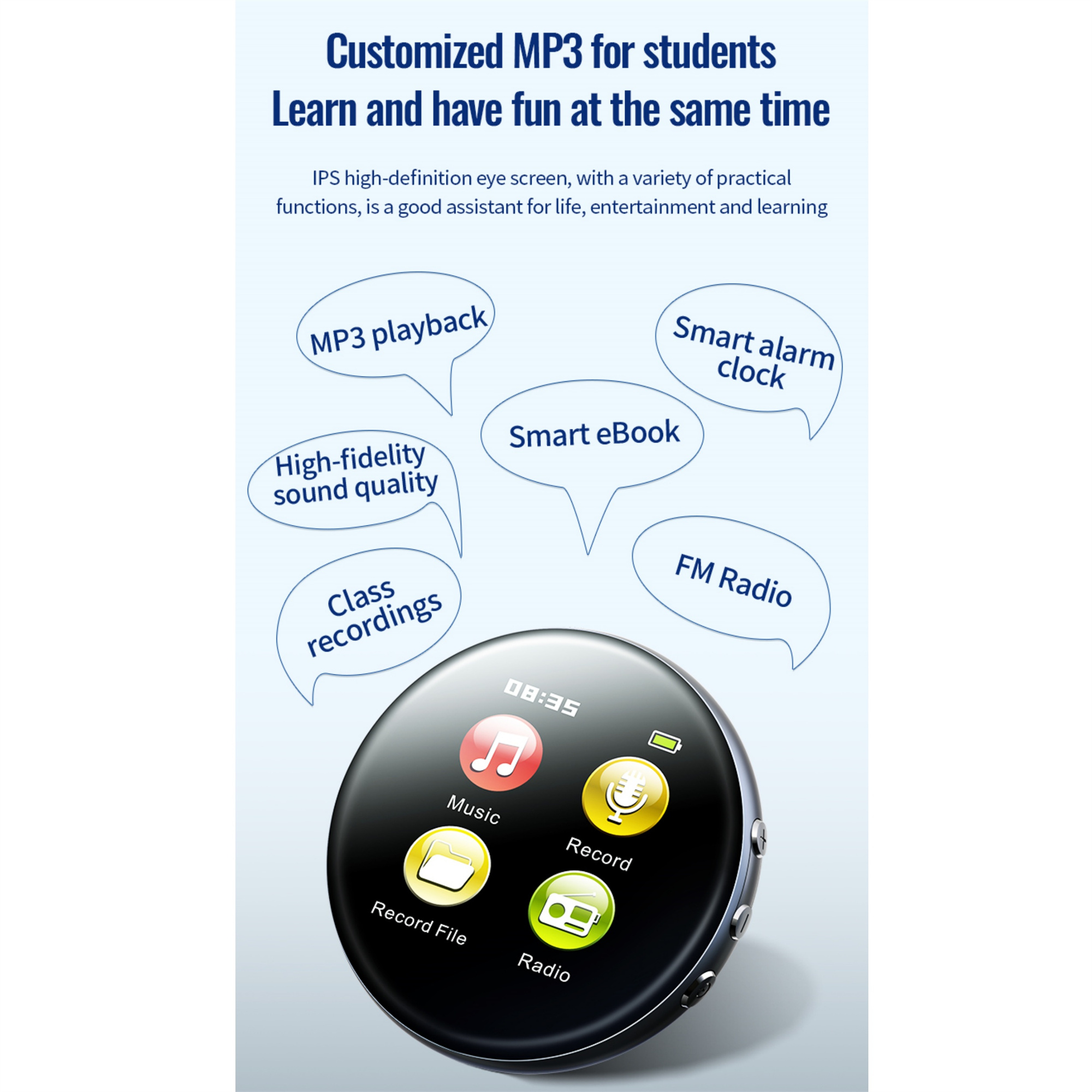 Angepasster MP3-Player mit Bildschirm, der Musikoptionen zeigt. Textblasen.
