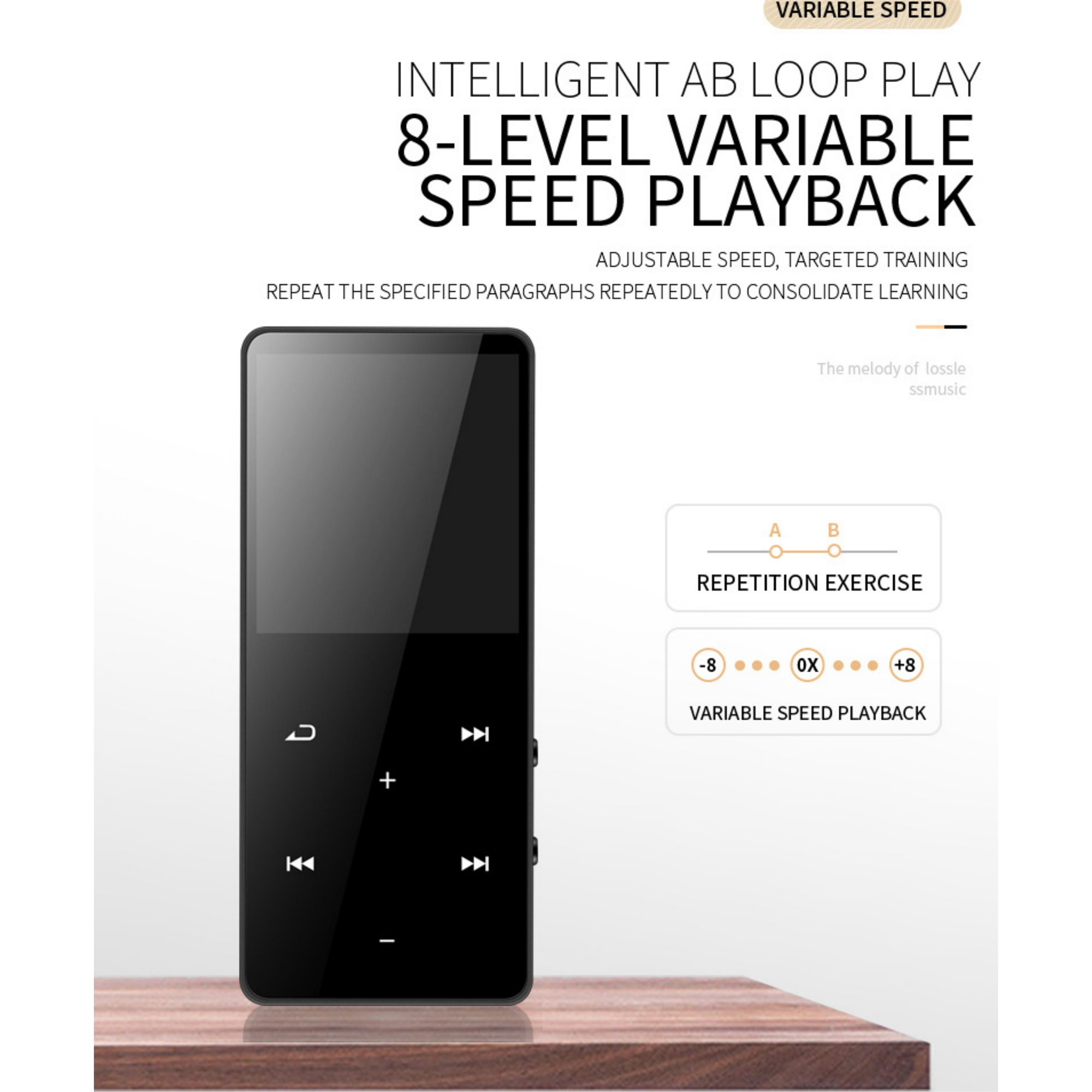 Schwarzer MP3-Player mit Knöpfen und Holzoberfläche.