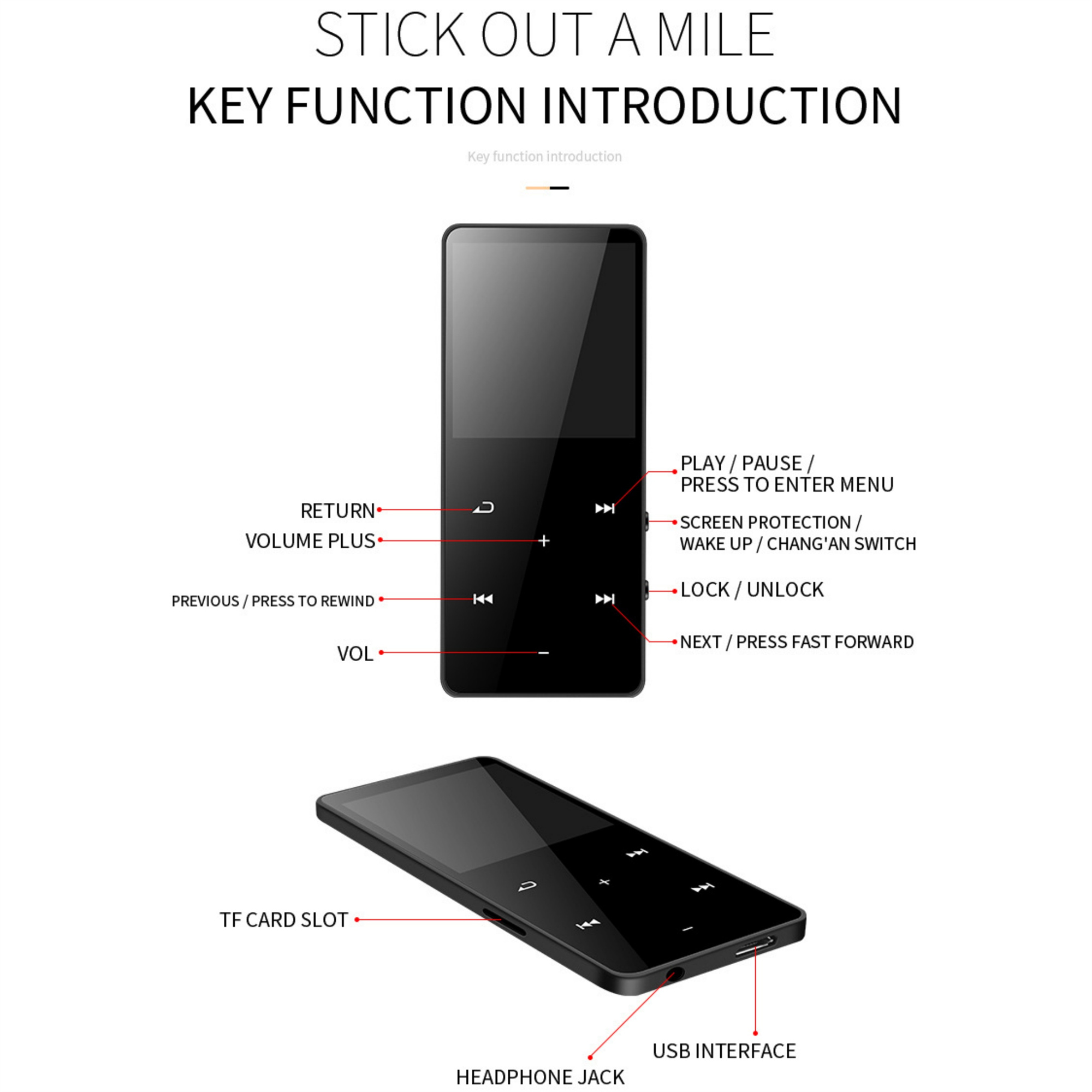 Diagramm eines schwarzen MP3-Players mit Funktionsbezeichnungen. USB-Schnittstelle und TF-Kartensteckplatz.