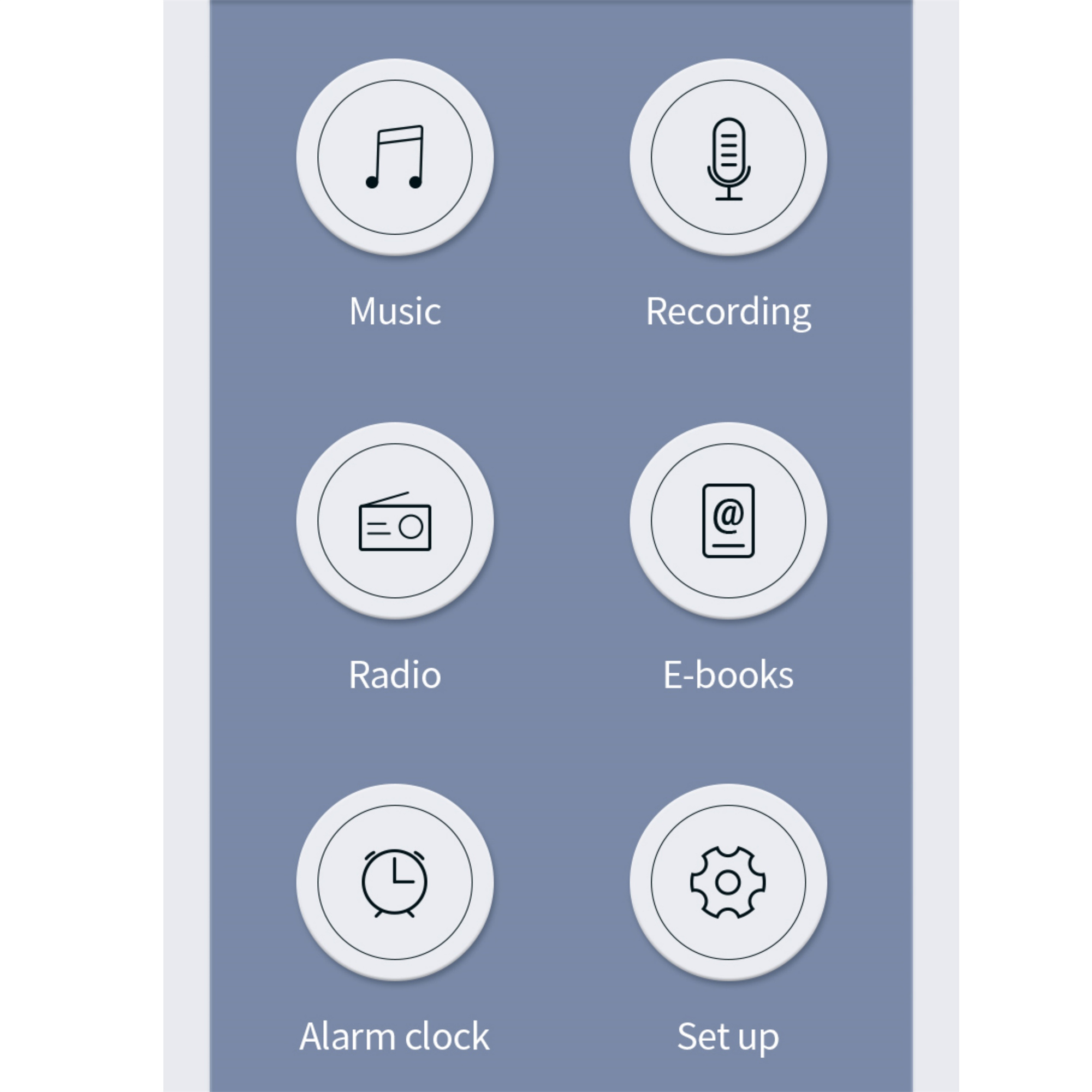 Oberfläche mit Symbolen für Musik, Aufnahme, Radio, E-Books, Wecker und Einstellungen. Grauer Hintergrund.