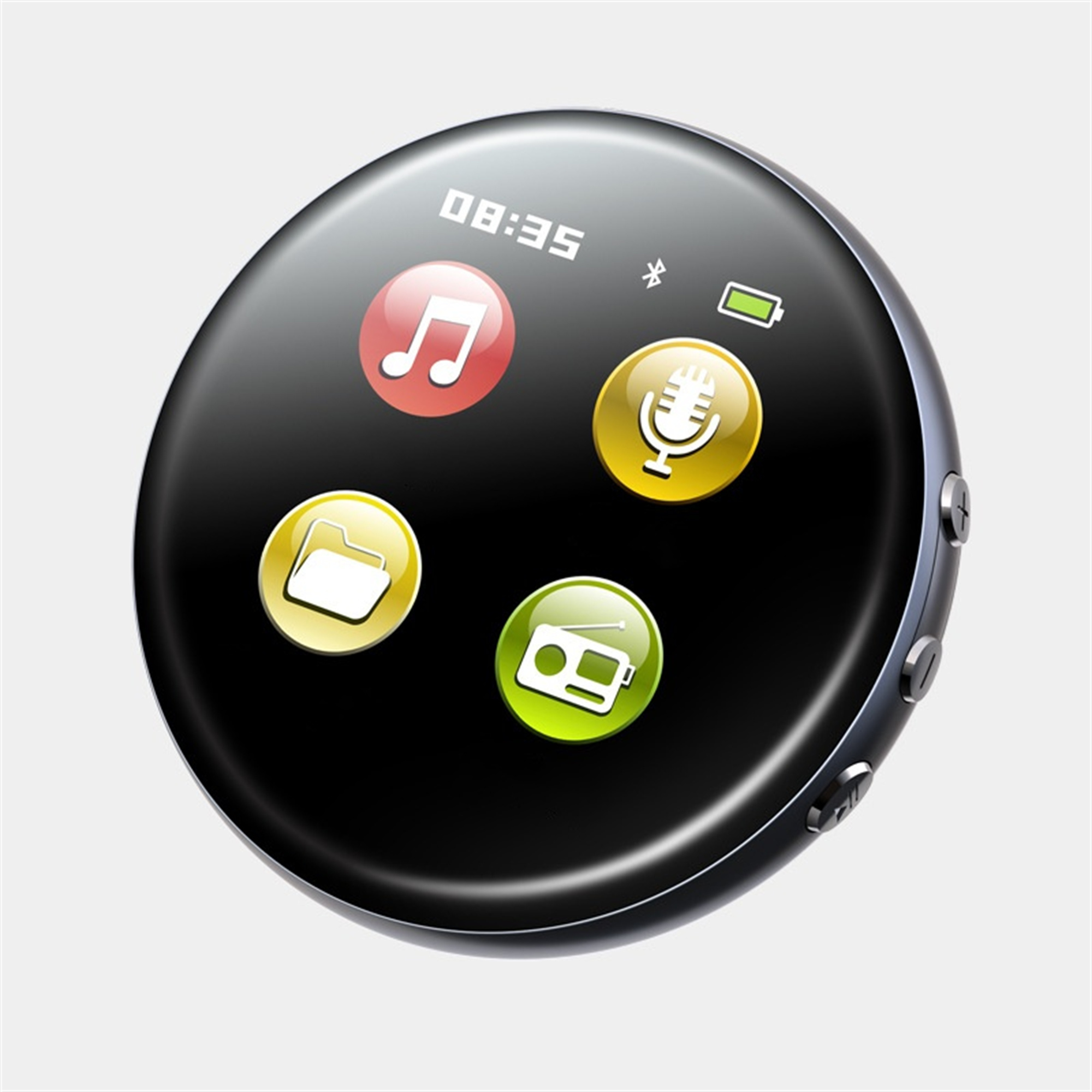 Runder schwarzer MP3-Player mit Funktionstasten. Das Display zeigt Musik- und Radiosymbole.