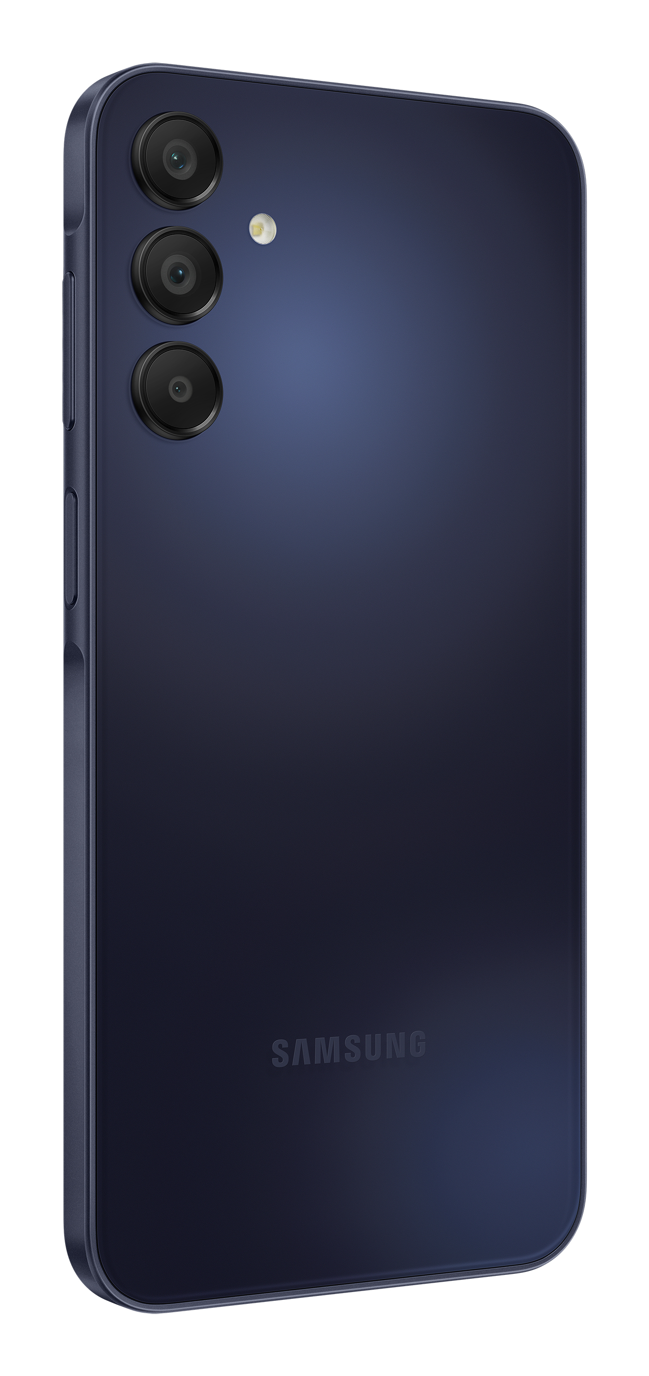 Üç arka kamerası olan lacivert bir akıllı telefon ve arkasında bir Samsung logosu.