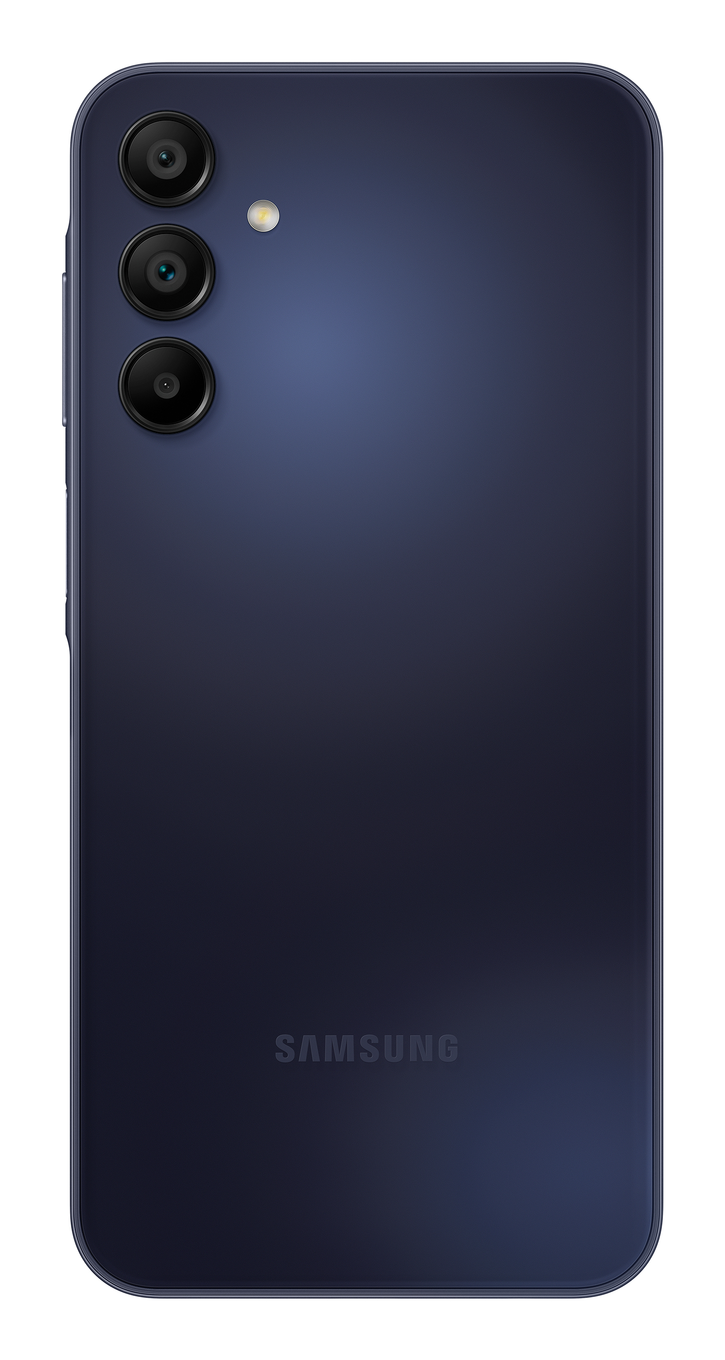 Ein marineblaues Samsung-Telefon mit drei Rückkameras. Das Samsung-Logo befindet sich unten. Das Telefon ist zentriert.
