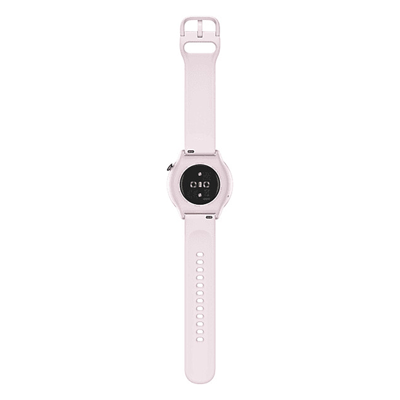 Smartwatch rosa pallido con display rotondo, cinturino rosa chiaro e design semplice.