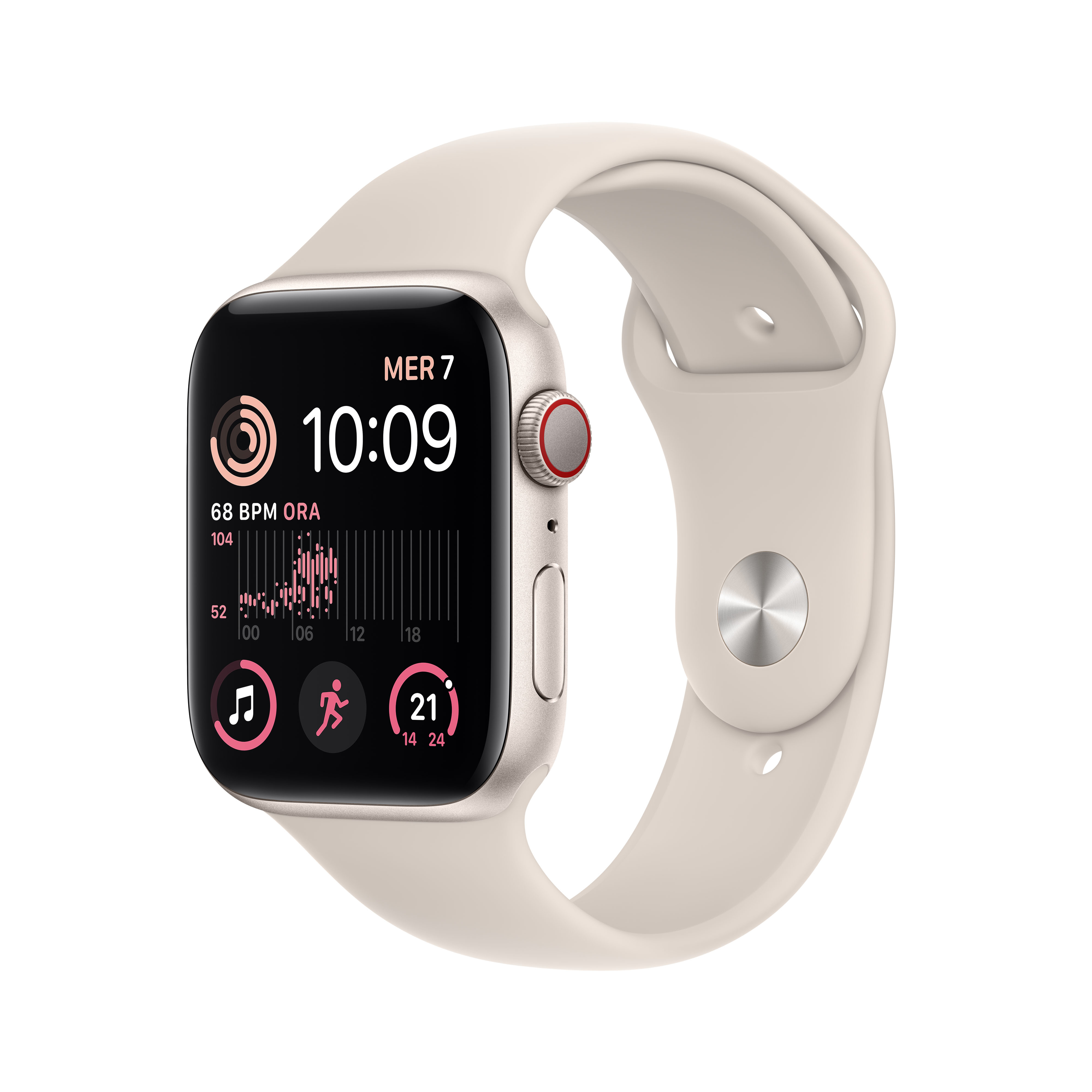 Un Apple Watch con cinturino color crema, che mostra l'ora e le metriche di salute.