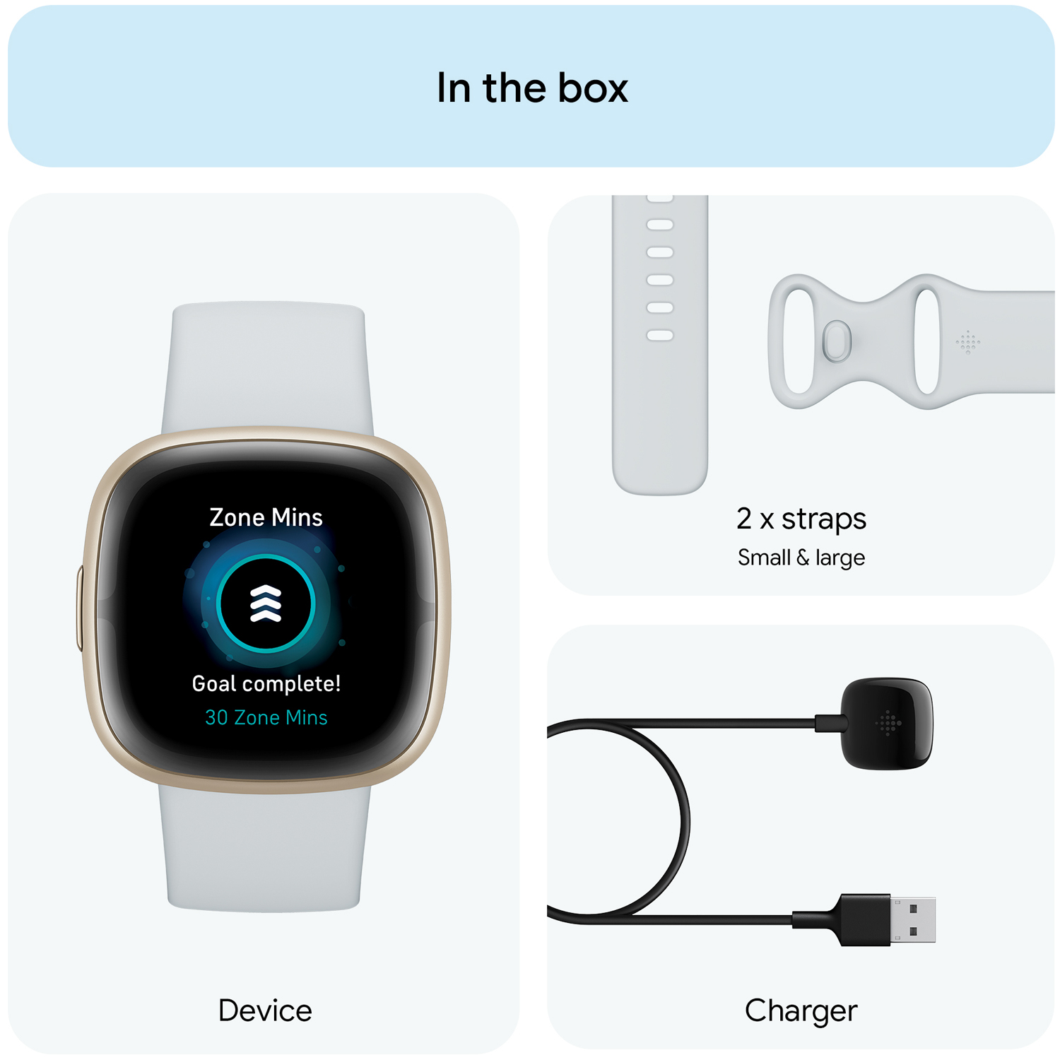 Smartwatch, paski i ładowarka w pudełku. Zegarek pokazuje minuty strefy i cel osiągnięty.