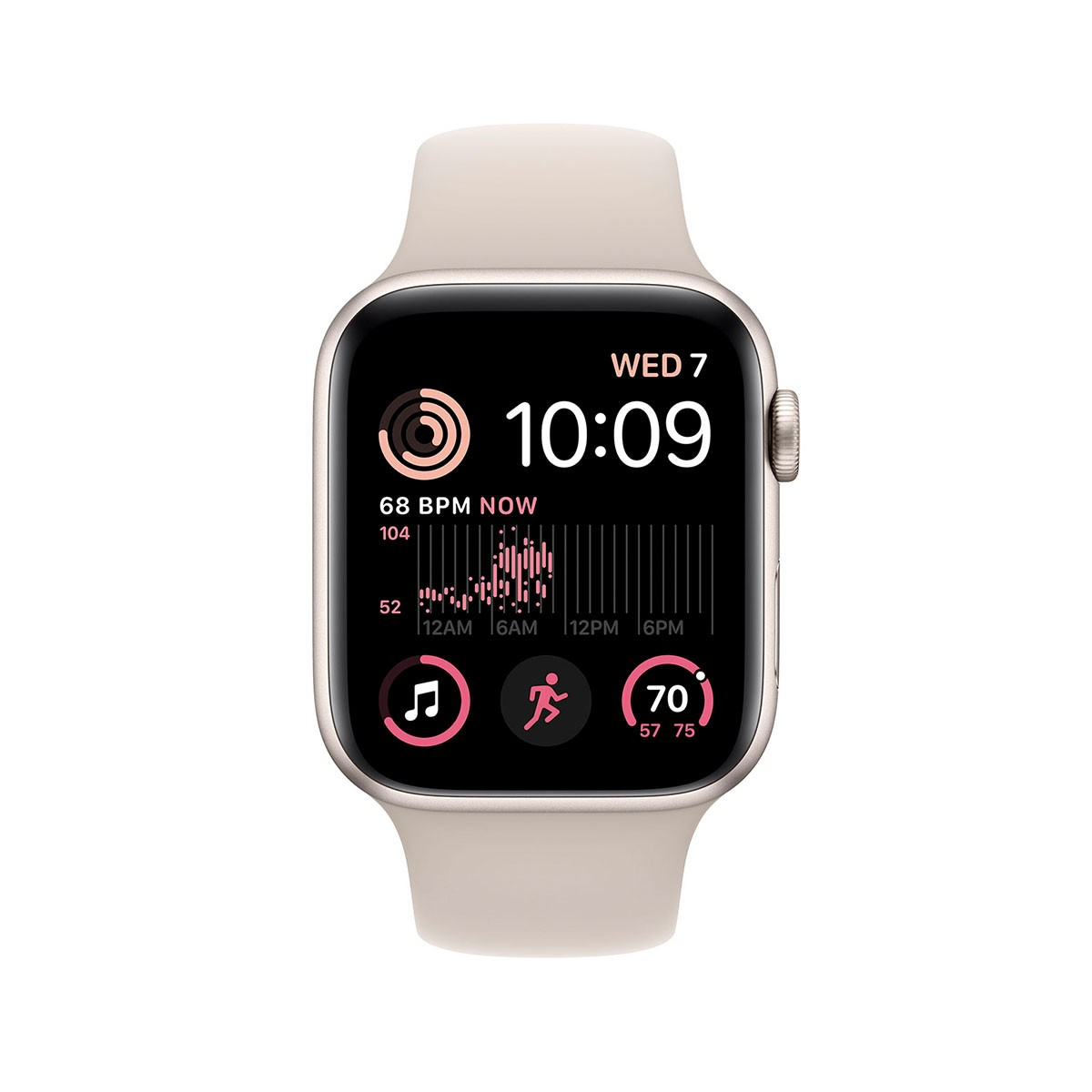 Apple Watch al polso, che mostra ora, frequenza cardiaca e attività.