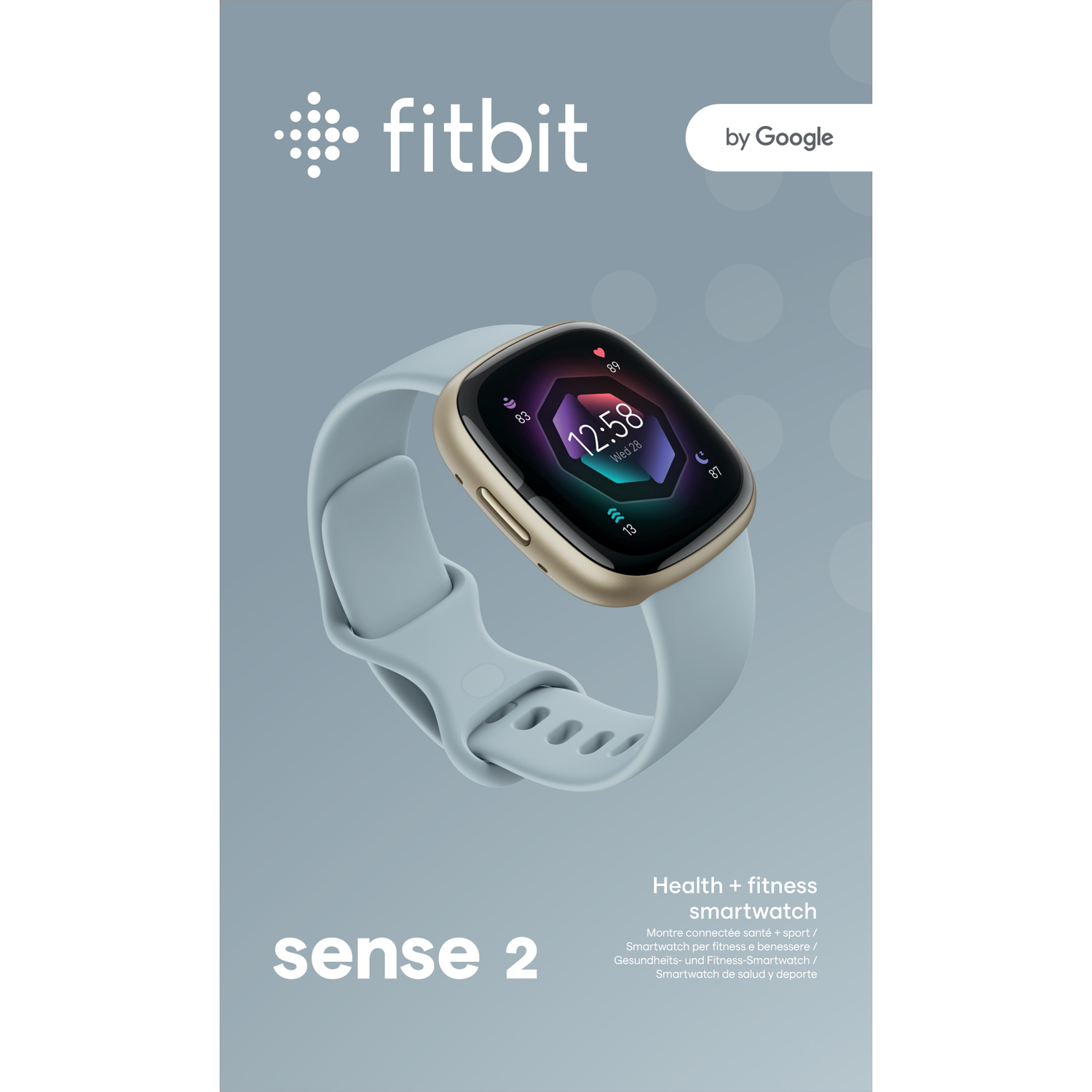 Smartwatch Fitbit Sense 2 na plakacie. Pokazuje zegarek, logo Fitbit i tekst.