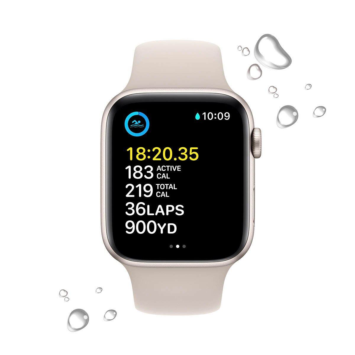 Smartwatch che mostra ora, statistiche attività: passi, calorie attive e totali, giri, distanza.