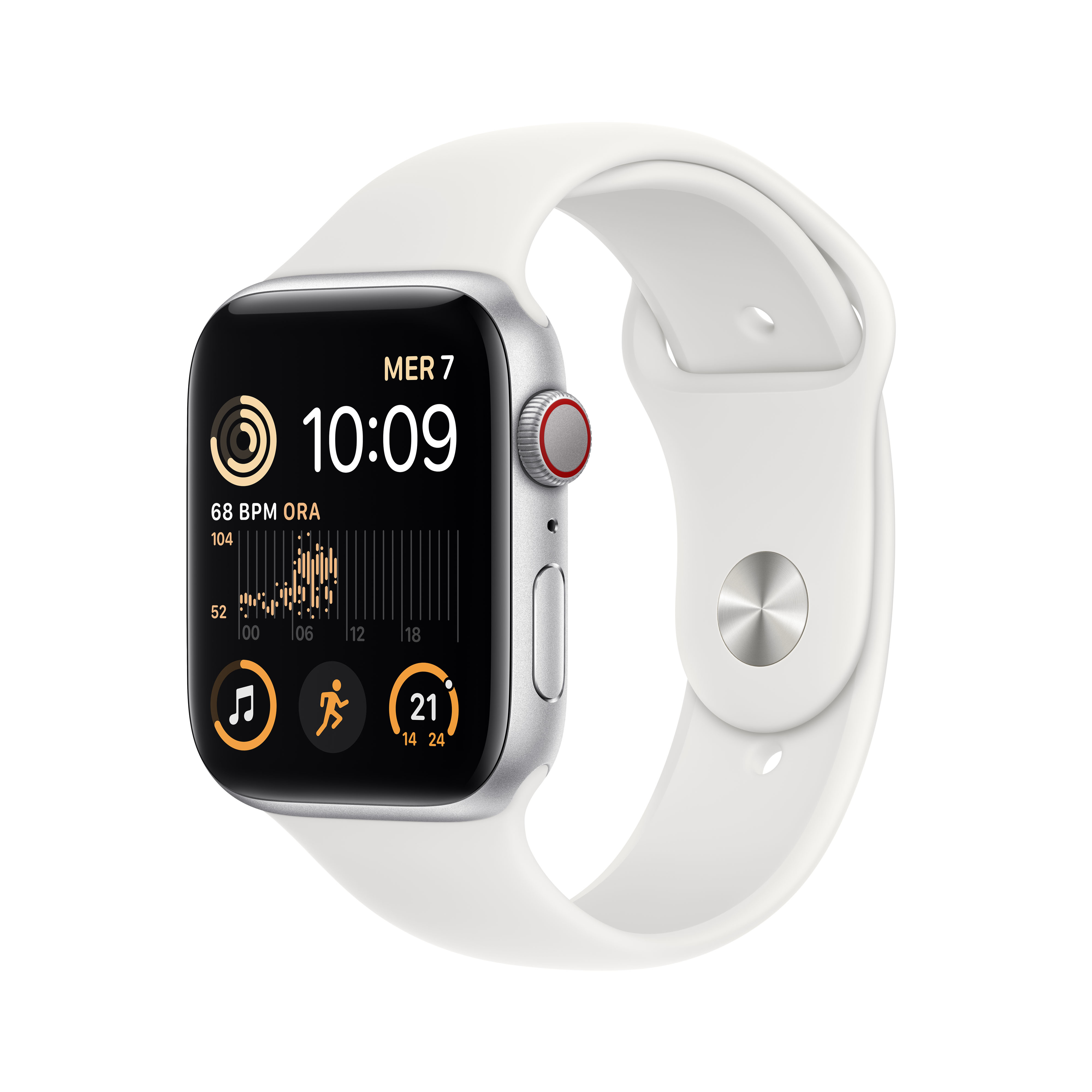 APPLE SE GPS+CEL 44 SIL ALU W WHITE SPORT REG Smartwatch Aluminium Fluorelastomer, 140 - 220 mm, Silber