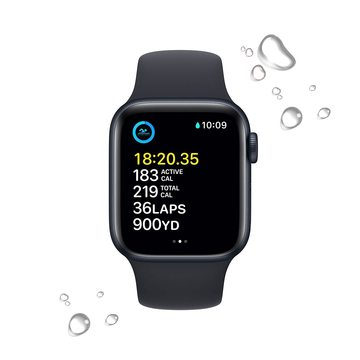 Un Apple Watch negro mostrando estadísticas de entrenamiento, incluyendo tiempo, ritmo y vueltas.