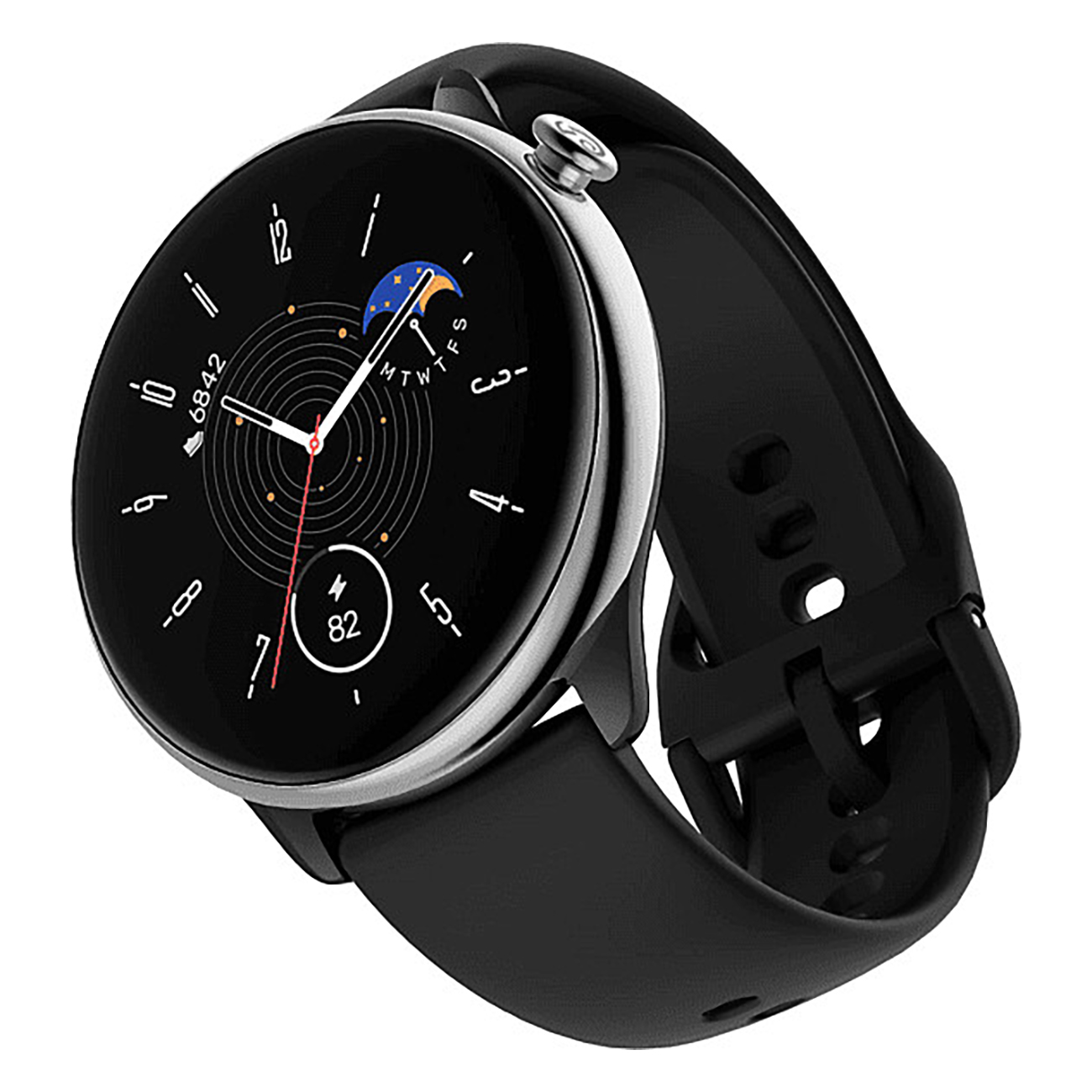 Czarny smartwatch z okrągłym wyświetlaczem. Zegarek pokazuje tarczę i czarny pasek.