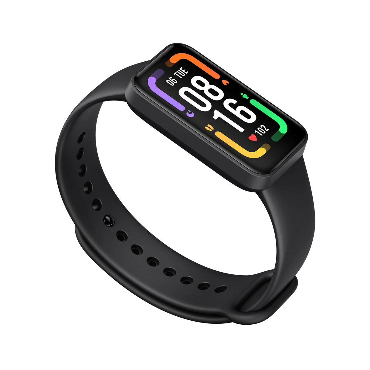 Czarny zegarek z funkcją śledzenia aktywności fizycznej z cyfrowym wyświetlaczem daty i czasu.