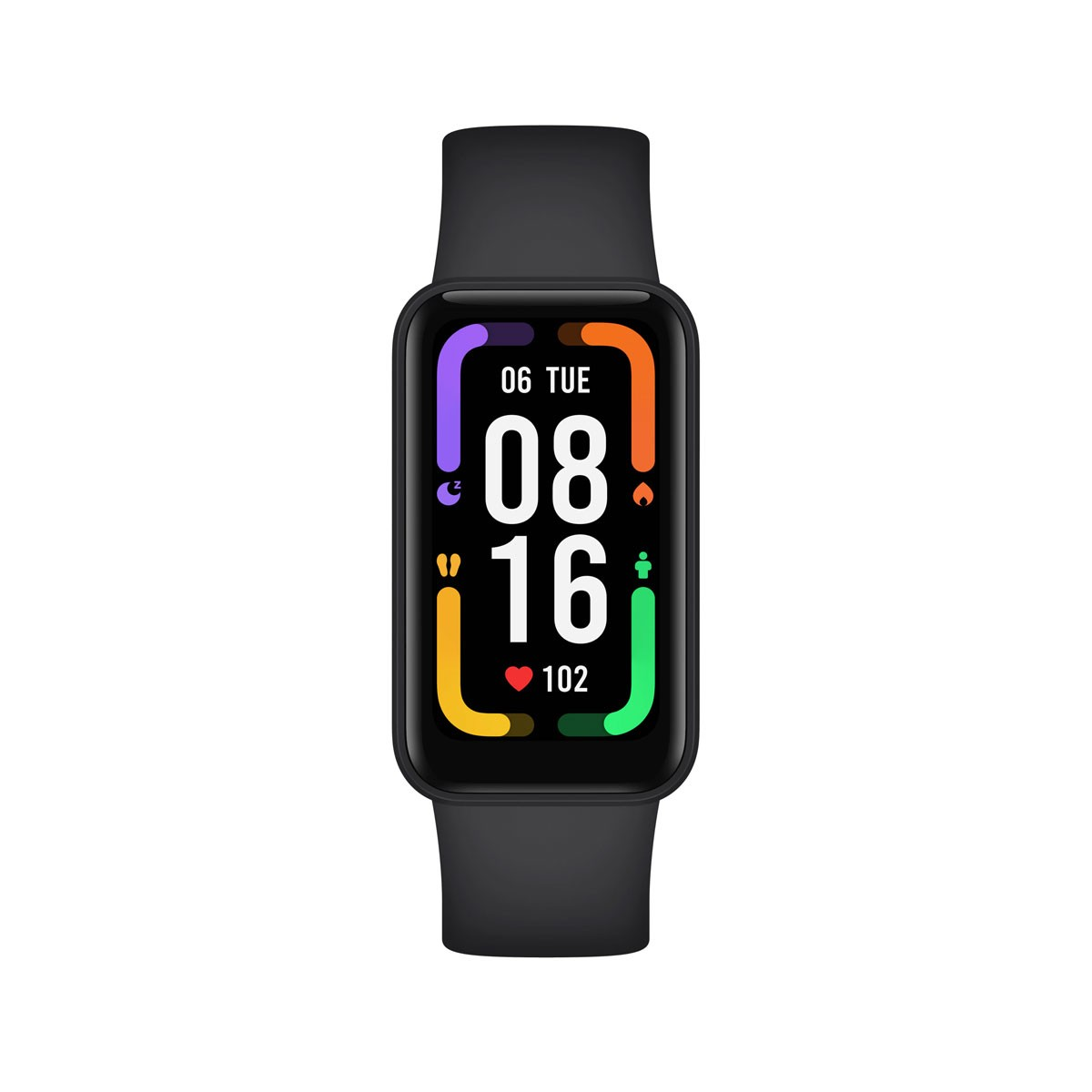 Czarny smartwatch z prostokątnym ekranem. Wyświetla czas i wskaźniki zdrowotne, z kolorowymi detalami.