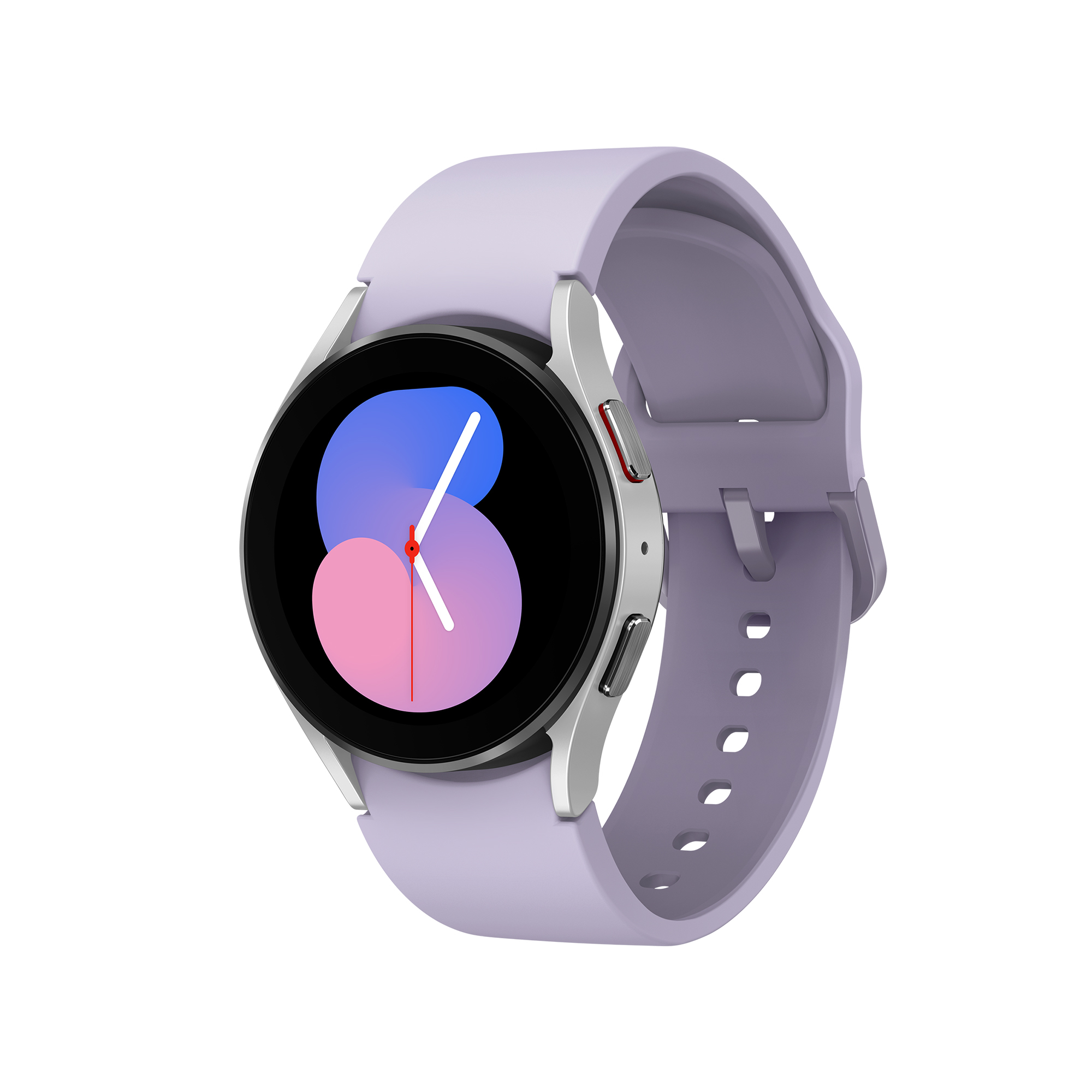 Eine lavendelfarbene Smartwatch mit rundem Zifferblatt und rosa-weißem Display. Silberne Lünette und Armband.