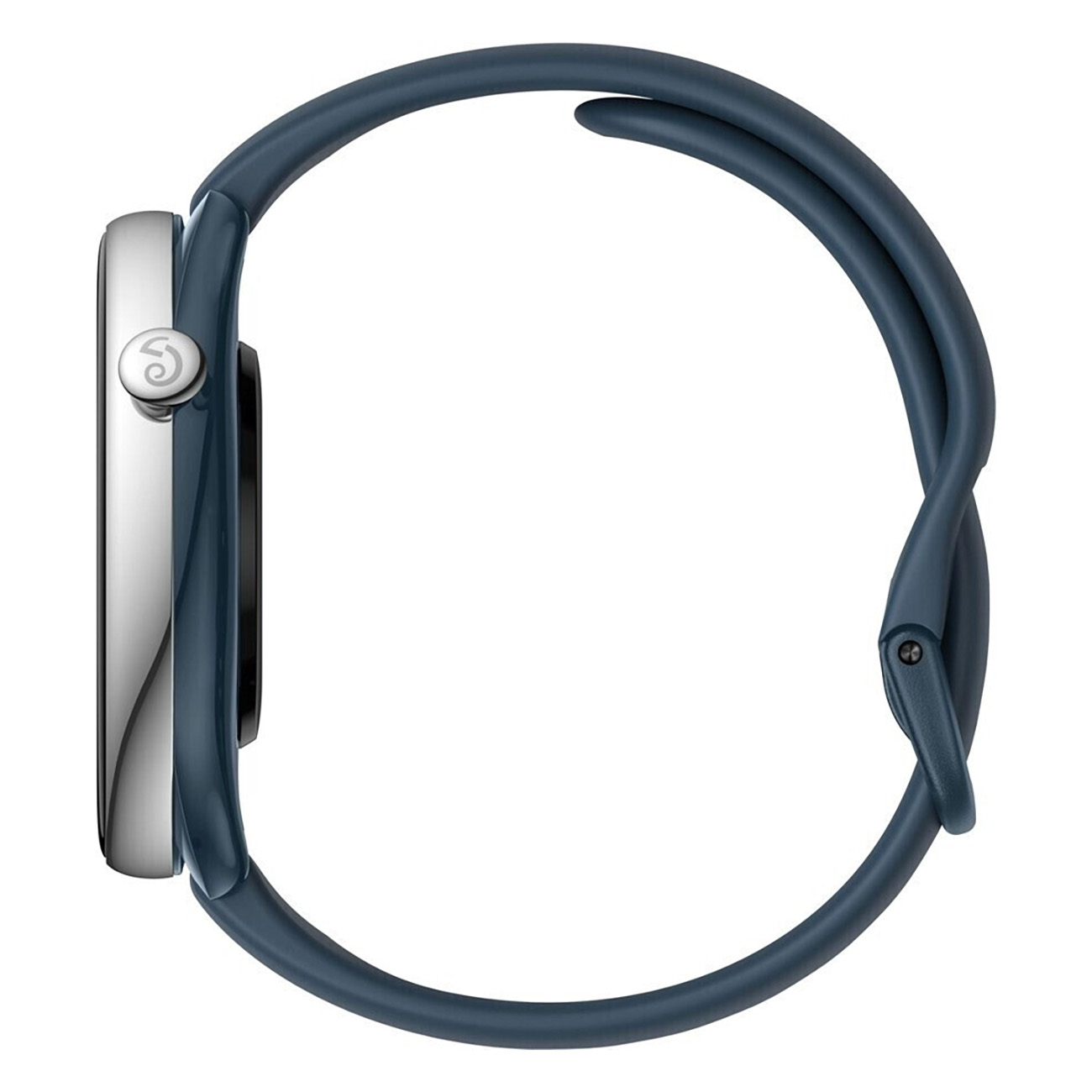 Widok z boku niebieskiego smartwatcha z niebieskim paskiem.