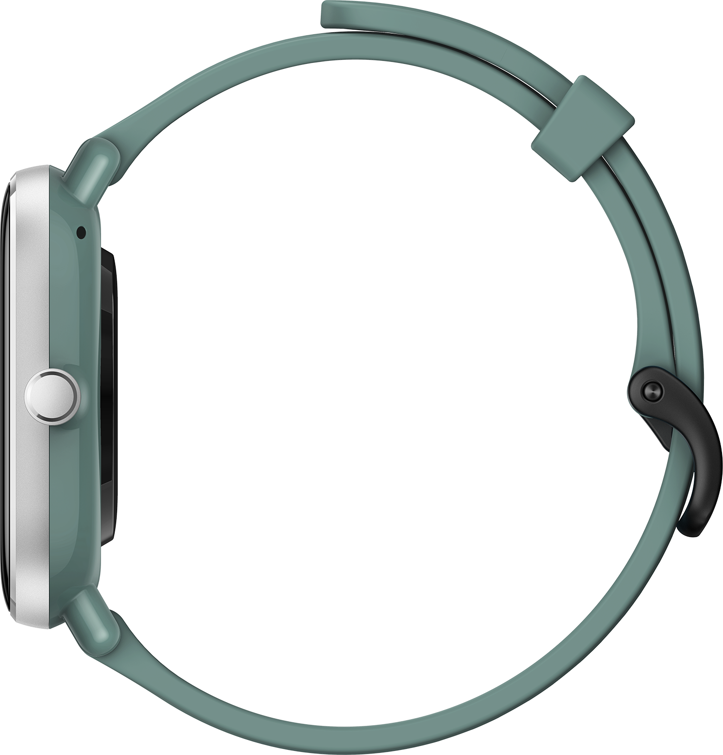 Vista laterale di uno smartwatch verde con cinturino verde. Chiusura nera.
