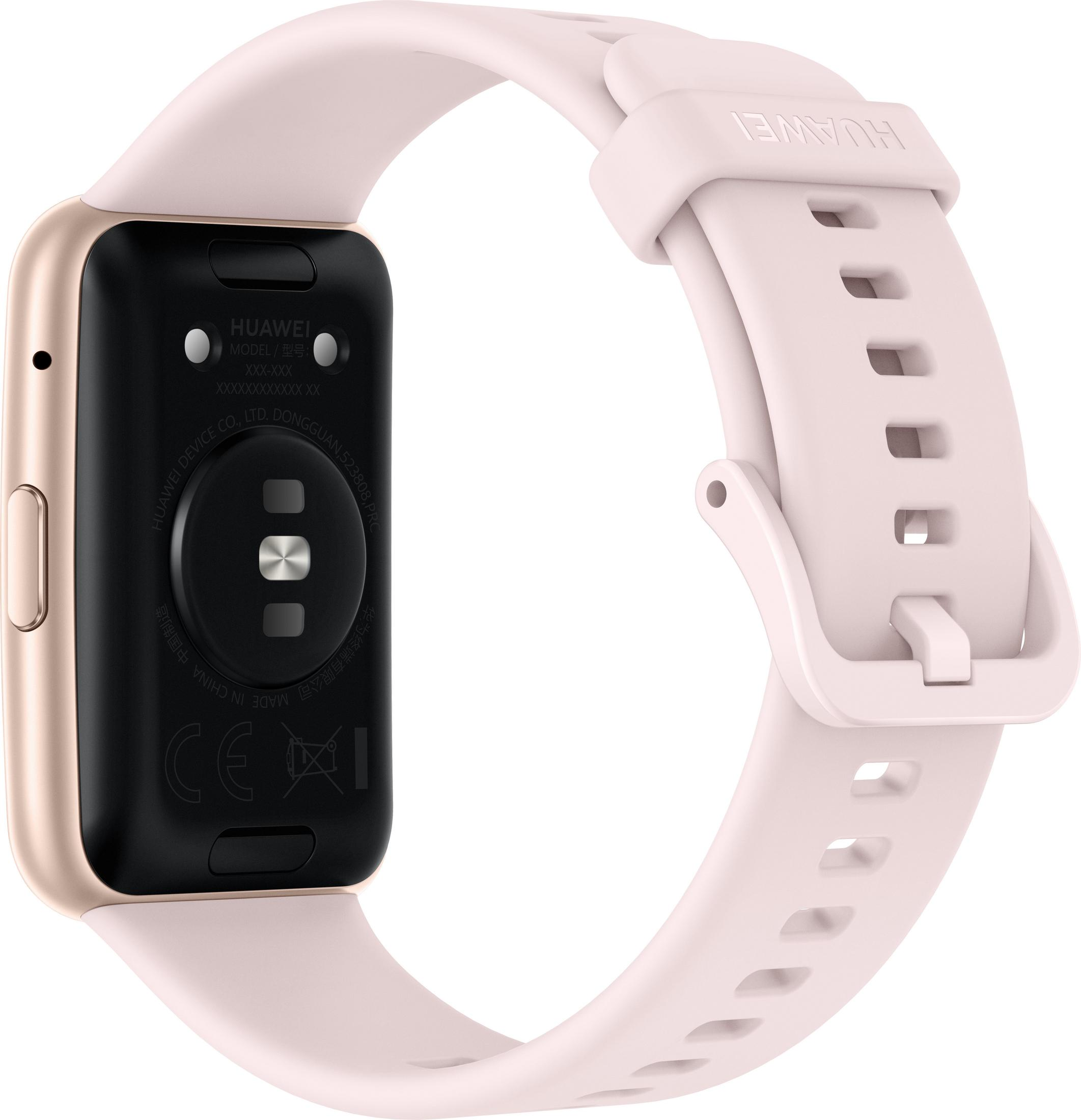 Różowy smartwatch z różowym paskiem. Tył pokazuje informacje o modelu i czujniku.