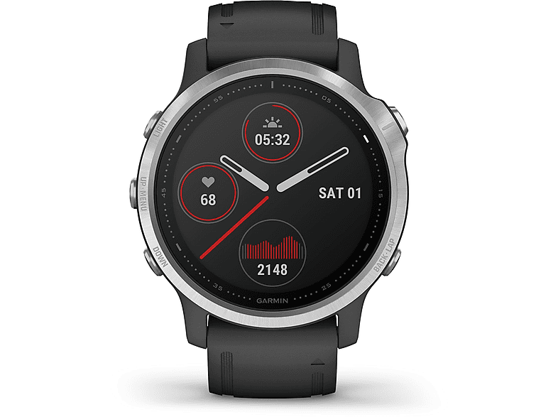 GARMIN FENIX 6S SILVER W/BLACK BAND Smartwatch Polymer mit Metallgehäuse Silikon, 108-182 mm, Schwarz/Silder