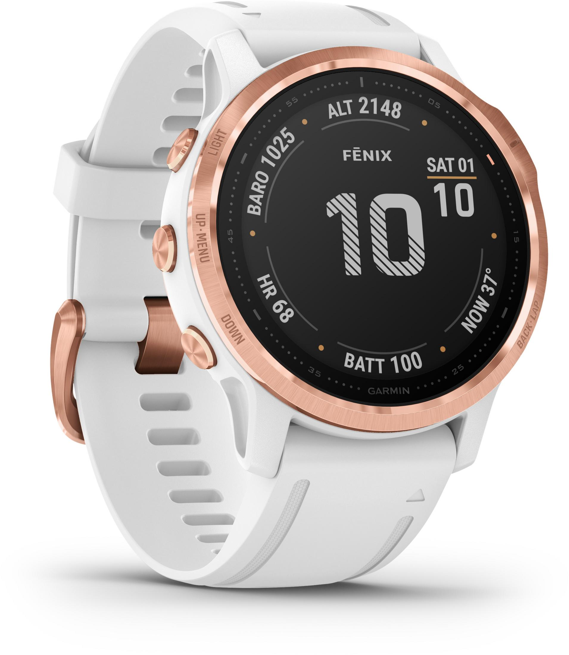 Weiße Smartwatch mit schwarzem Bildschirm. Sie hat eine roségoldene Lünette und ein weißes Armband.