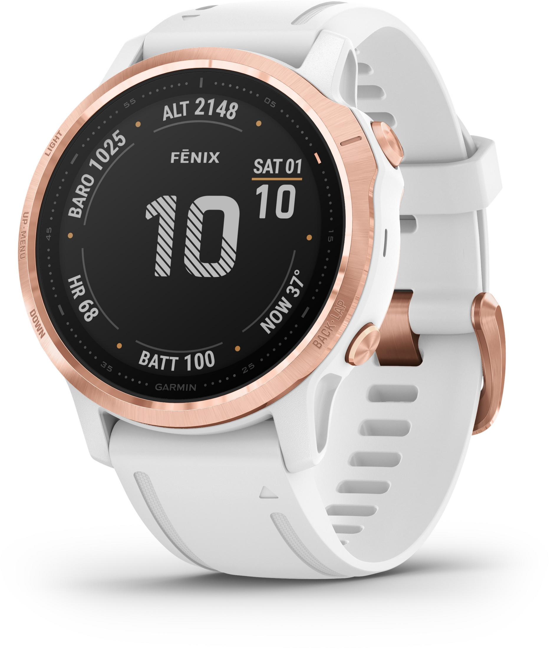 Weiße Garmin Fenix Smartwatch mit roségoldener Lünette. Zeigt Zeit, Höhe und Herzfrequenz an.