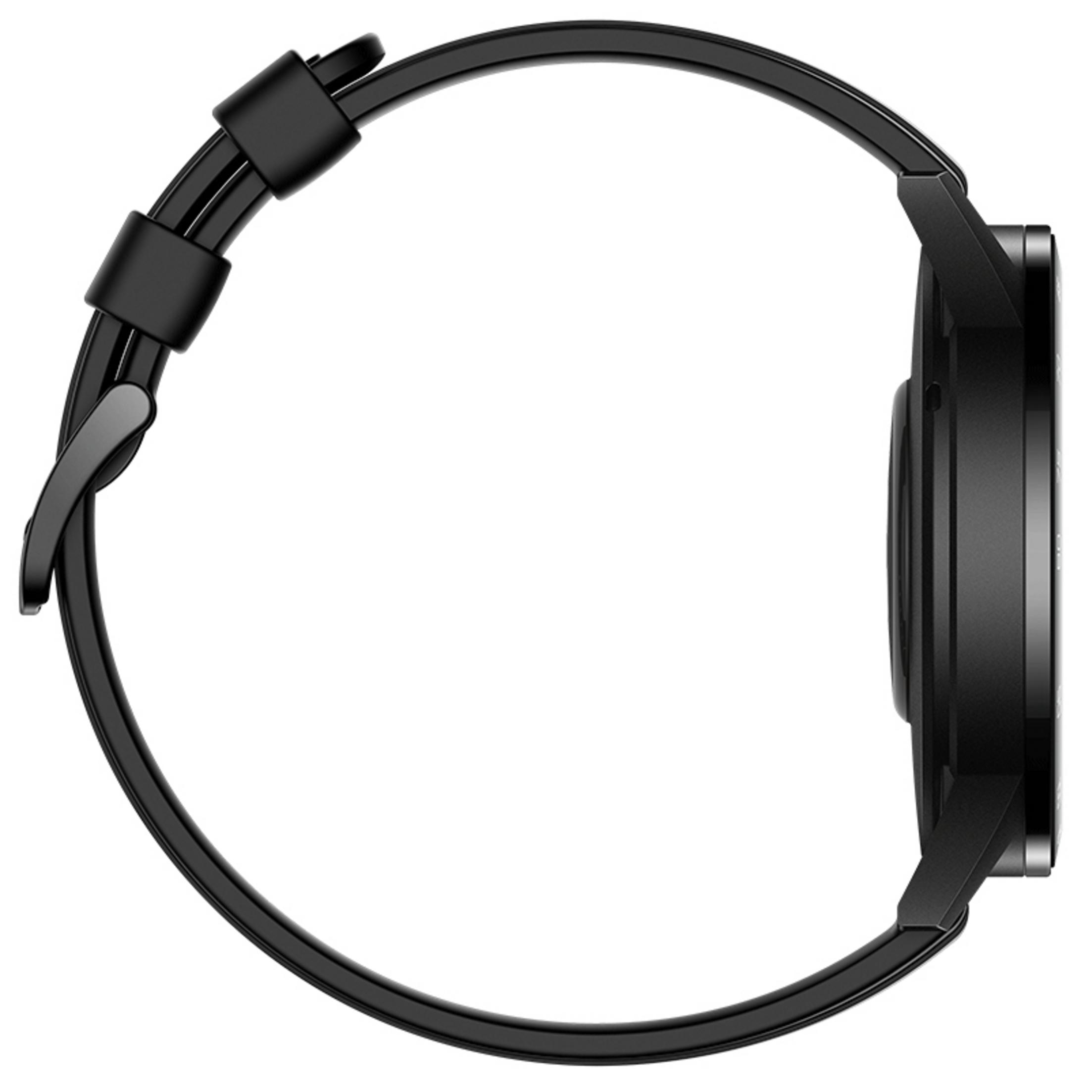 Smartwatch nera, vista laterale, con cinturino nero e quadrante circolare.