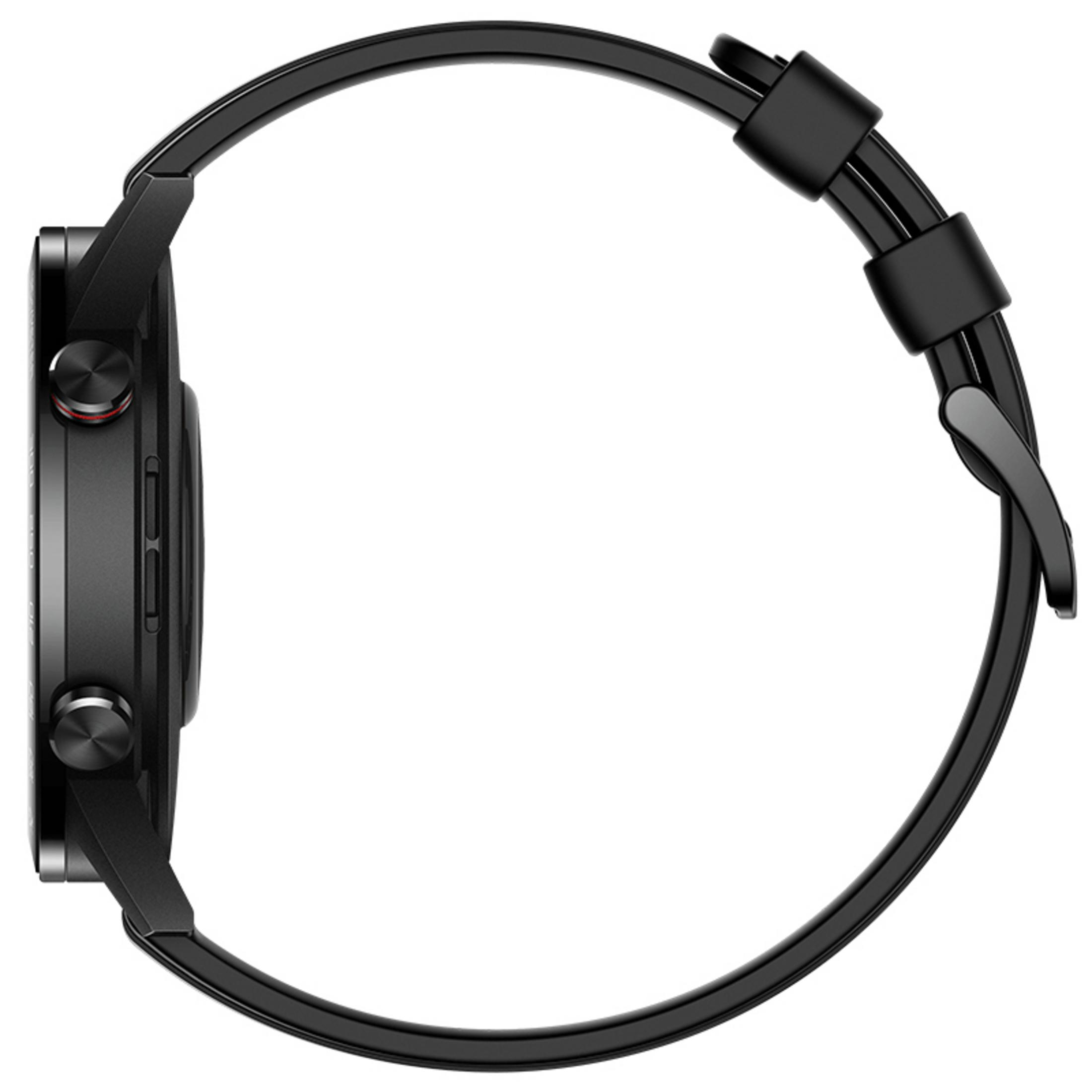 Smartwatch nero di lato, mostra cinturino, pulsanti e schermo circolare.