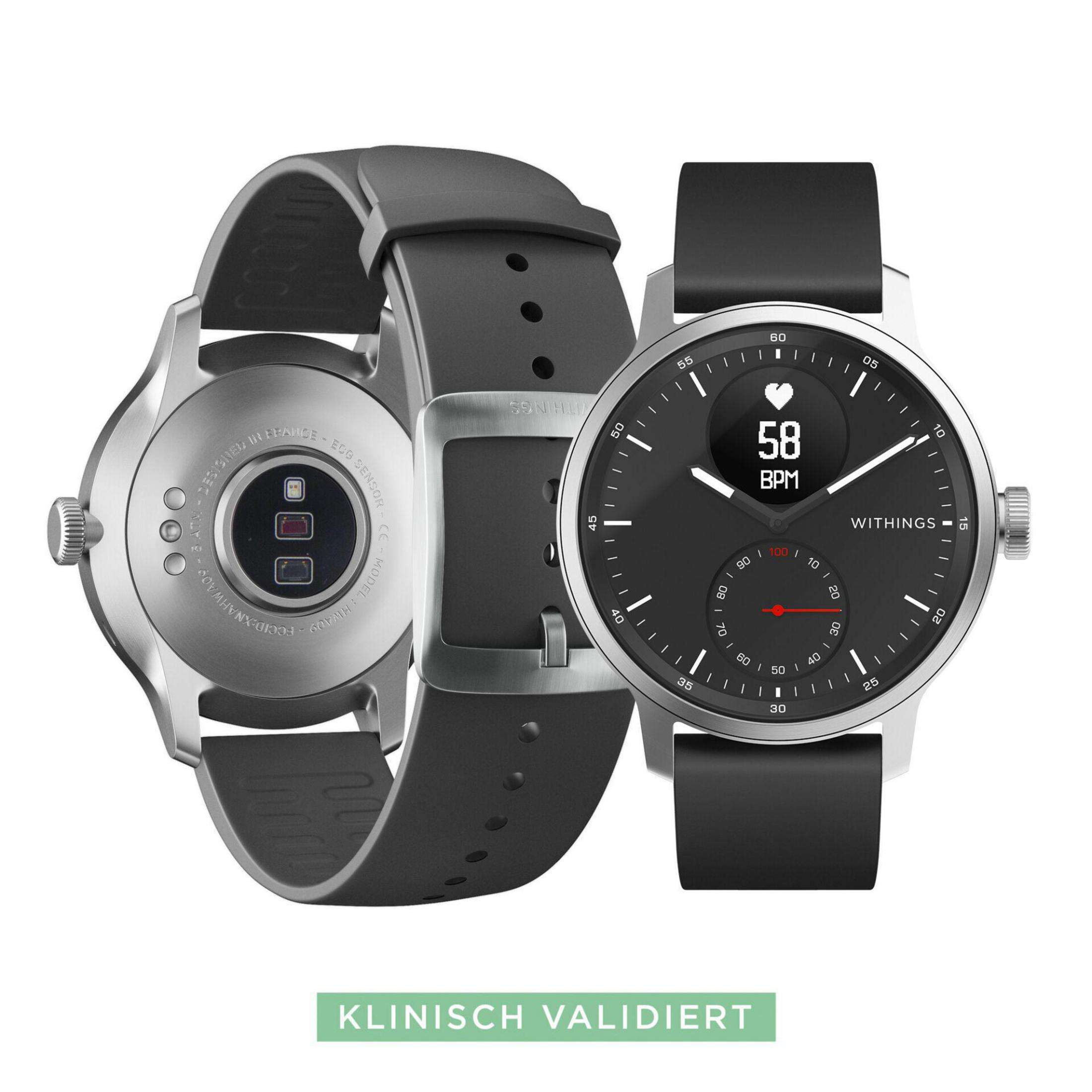 Zwei Smartwatches. Bei einer ist die Rückseite sichtbar. Die andere zeigt eine Herzfrequenz von 58 BPM an.