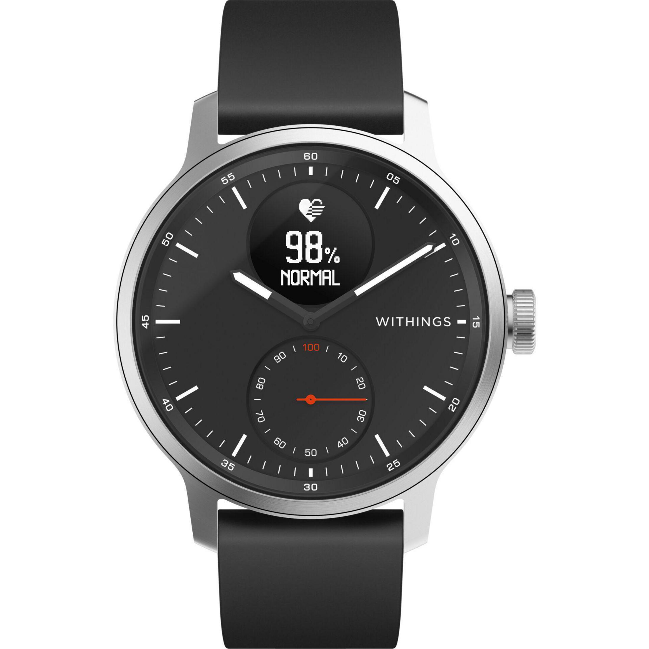 Schwarze Smartwatch, die Herzfrequenz und Zeit anzeigt.