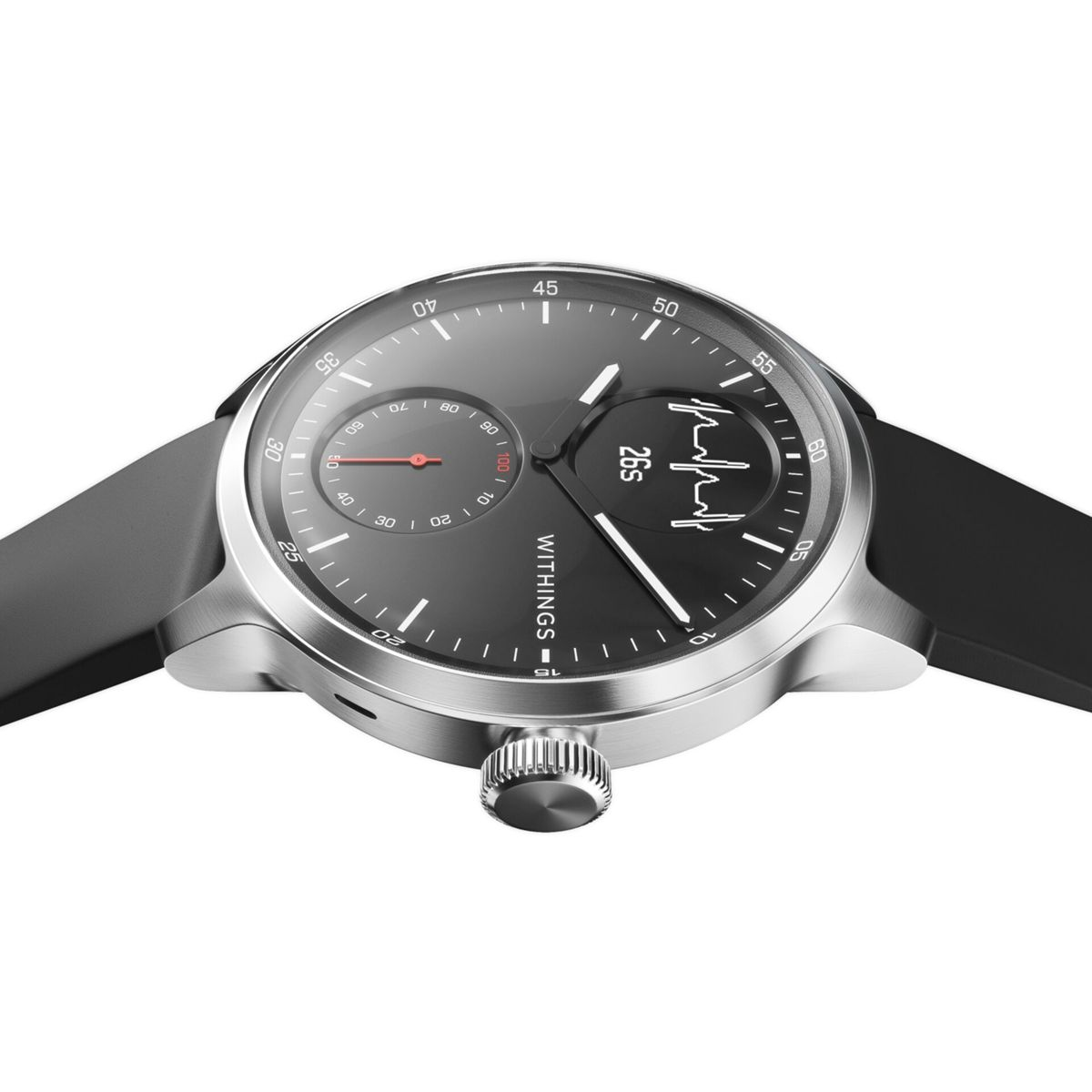 Eine schwarze Smartwatch mit Herzfrequenzmesser. Zeigt Zeit und Herzfrequenz-Diagramm.