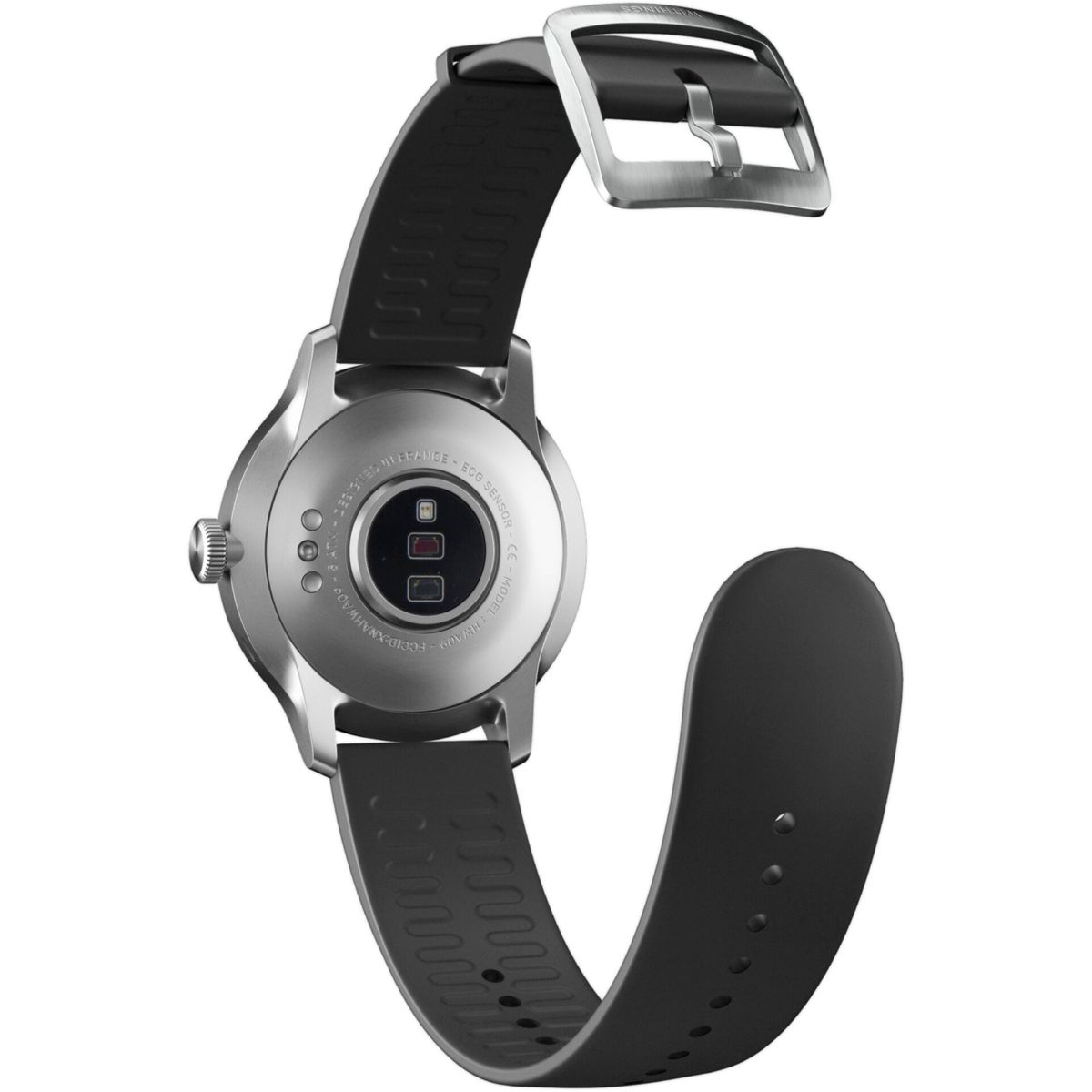 Eine silberne Smartwatch mit schwarzem Armband, auf weißem Hintergrund, Rückseite.
