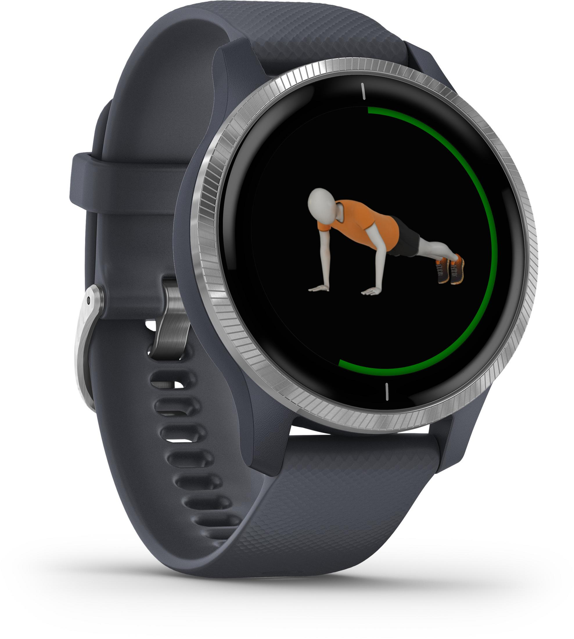 Smartwatch zeigt eine Person beim Liegestütz. Der Bildschirm zeigt den Trainingsfortschritt. Die Uhr ist dunkelblau.