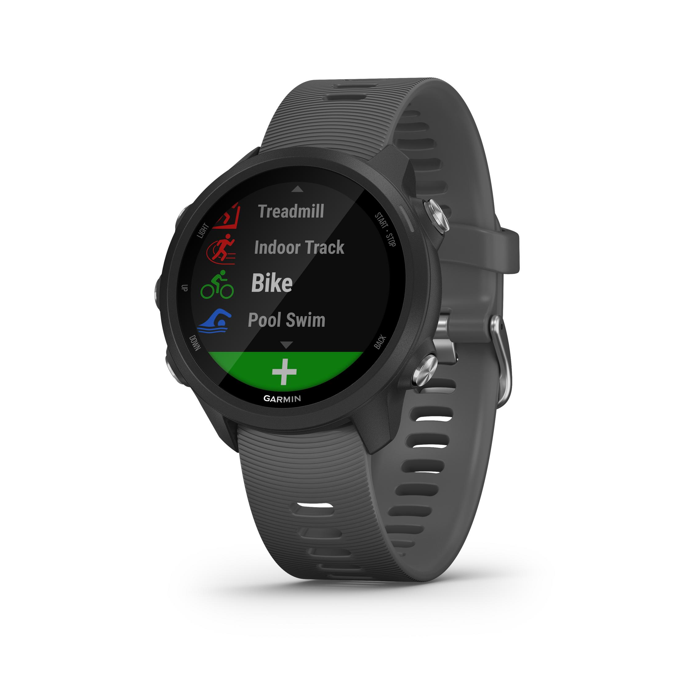 Eine dunkelgraue Garmin Smartwatch mit schwarzem Bildschirm, der Aktivitätsoptionen anzeigt: Laufband, Fahrrad, Schwimmen.