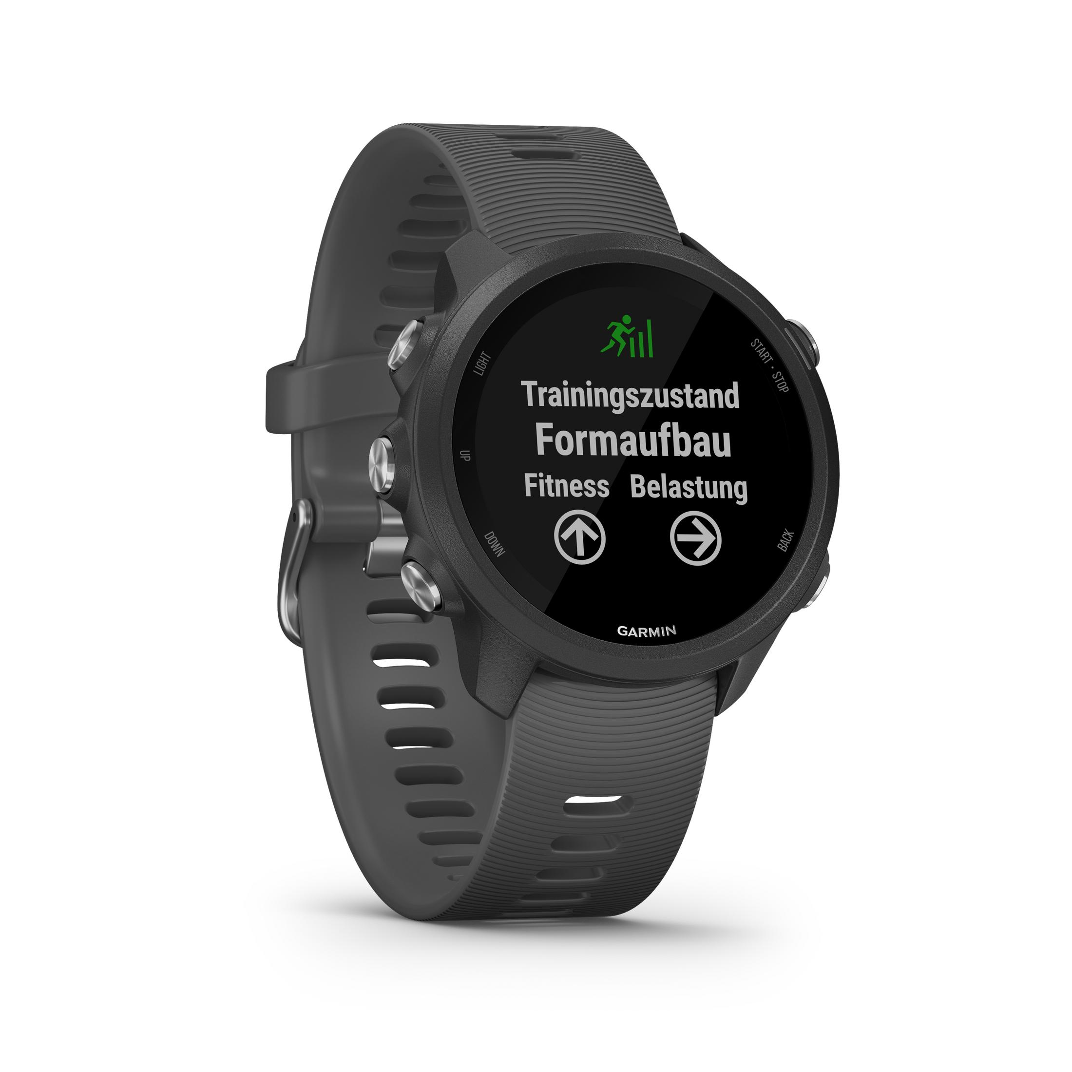 Schwarze Garmin Smartwatch auf weißem Hintergrund, die Fitnessdaten anzeigt.