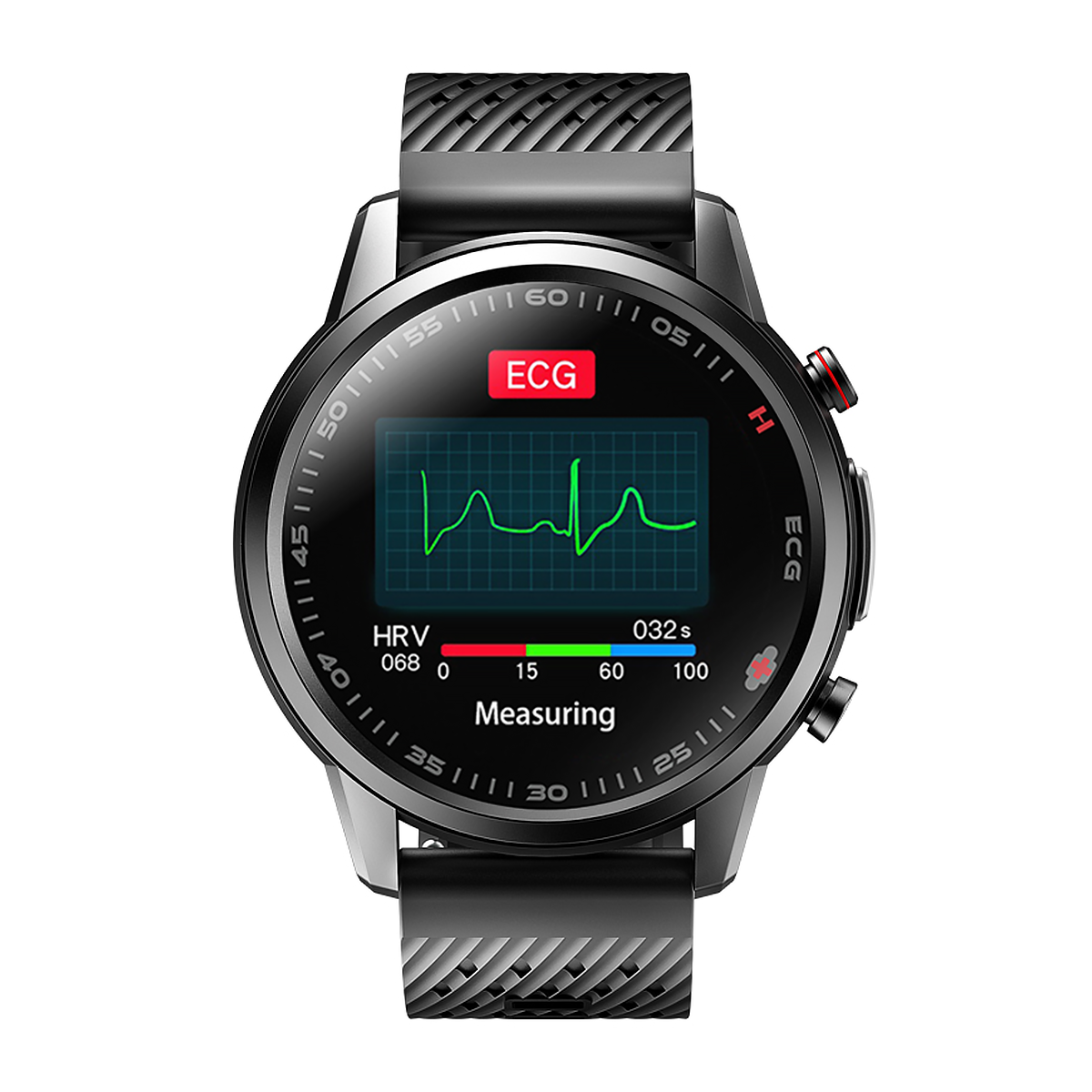 Smartwatch wyświetlający wykres EKG z tętnem i danymi pomiarowymi.