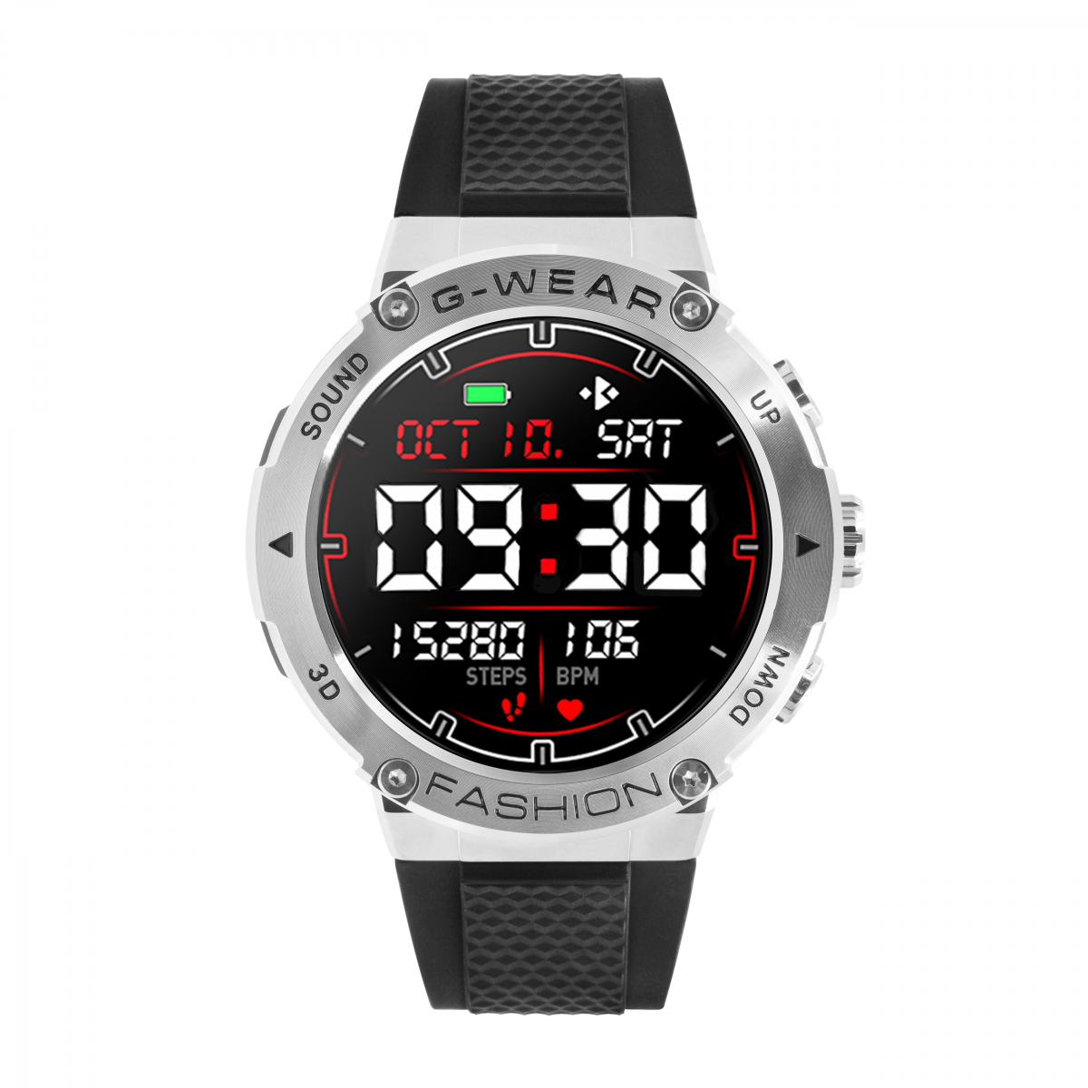 Srebrny smartwatch G-Wear z czarnym paskiem. Ekran wyświetla godzinę, kroki i tętno.