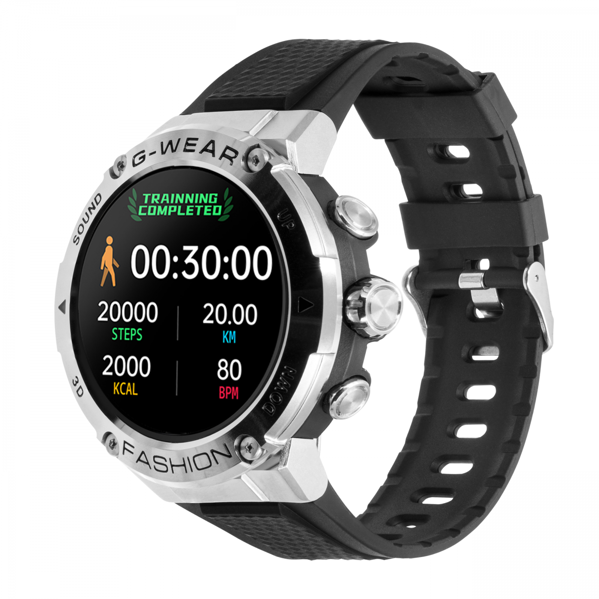 Czarny smartwatch z czarnym paskiem wyświetlający dane: kroki, km, kcal, bpm i czas.