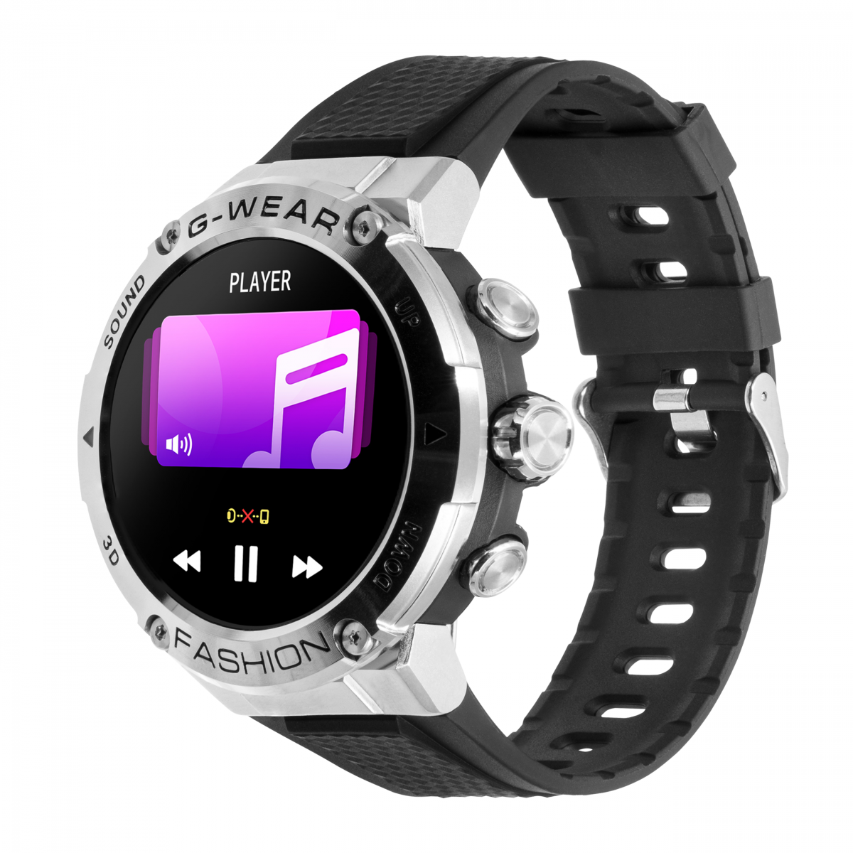 Czarny smartwatch. Widoczny ekran z nutą muzyczną. Czarny gumowy pasek i srebrne krawędzie.